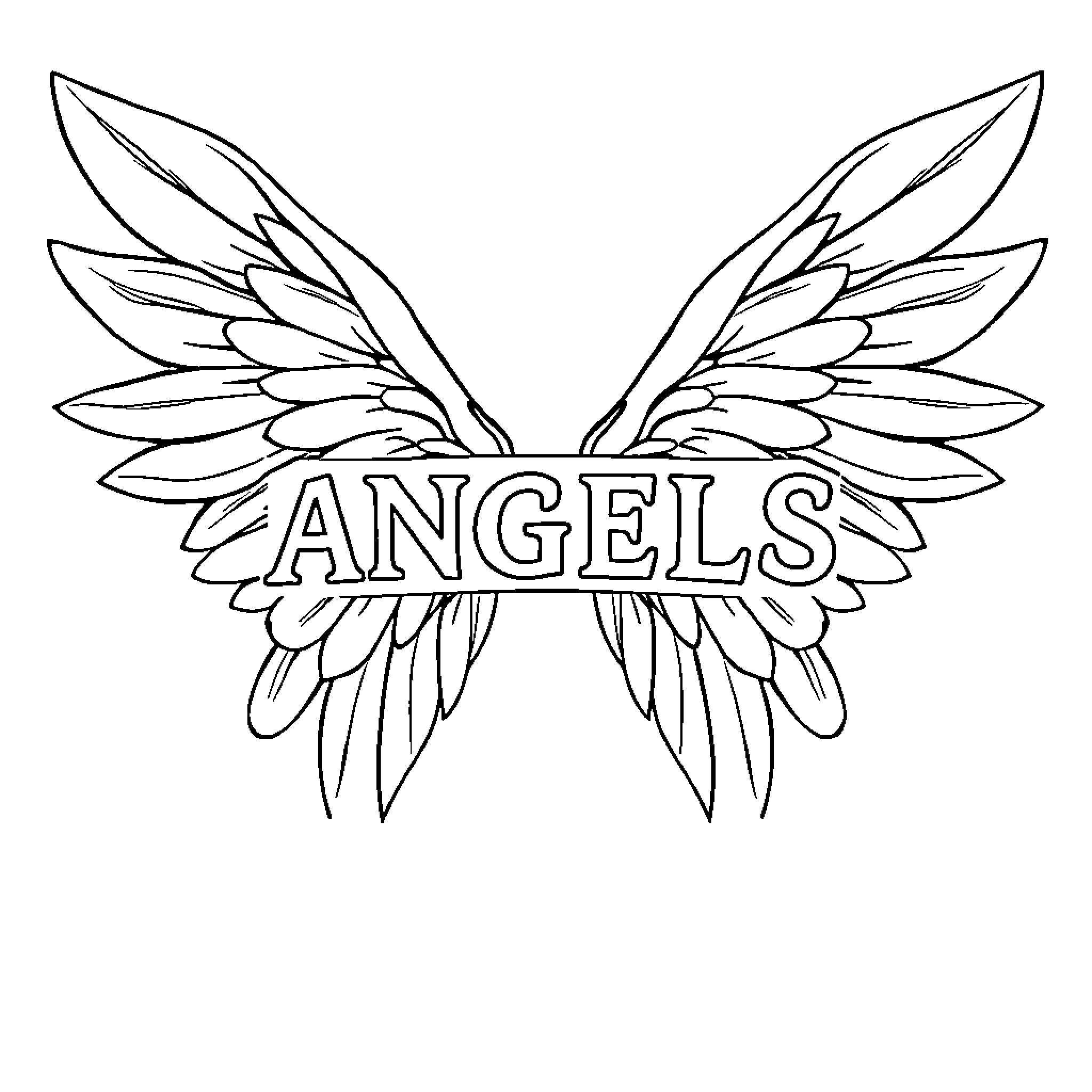 Angel wings with the word 'Angels' Coloring Page (free black-and-white line drawing printable PDF for all, from beginners to advanced learners, including children, teens, adults, and seniors)