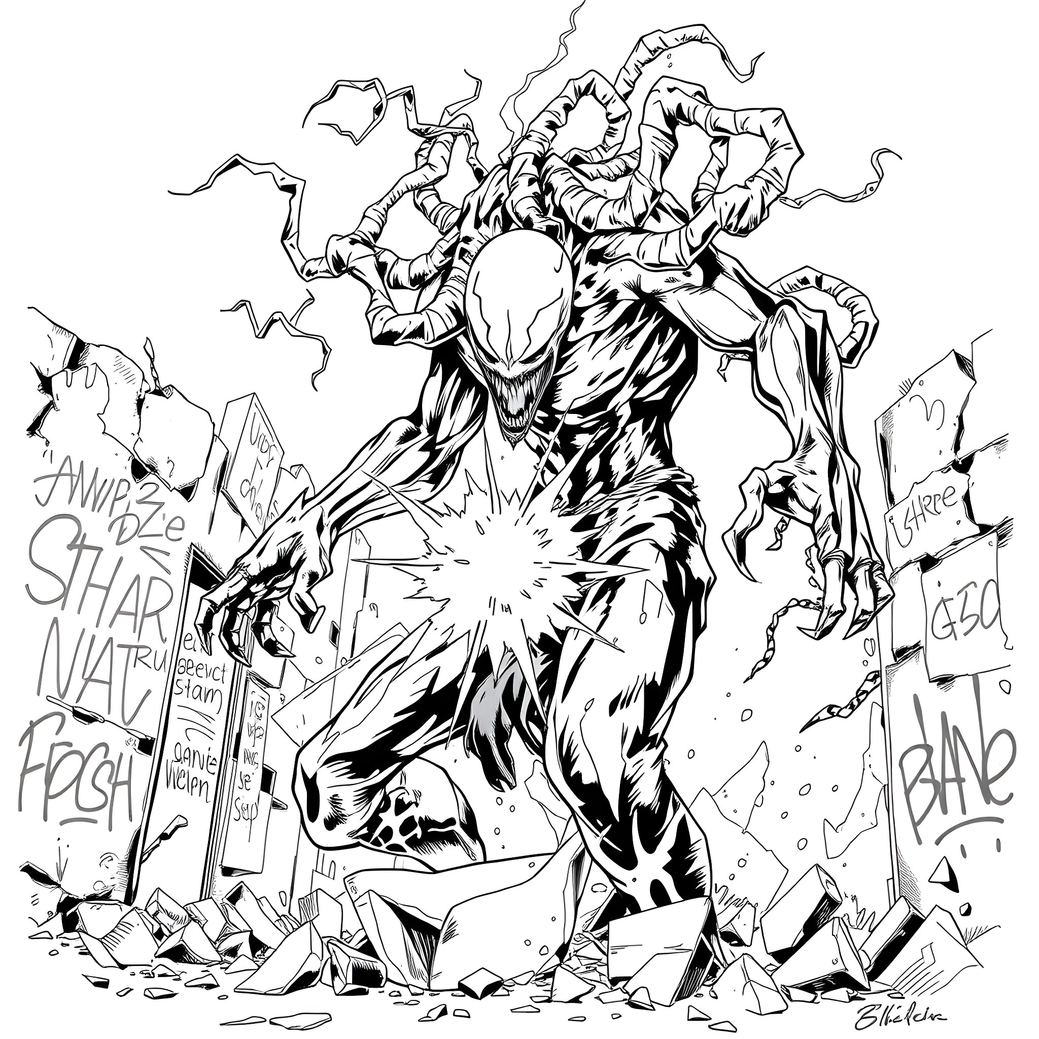 Carnage of destruction and chaos Coloring Page (free black-and-white line drawing printable PDF for all, from beginners to advanced learners, including children, teens, adults, and seniors)