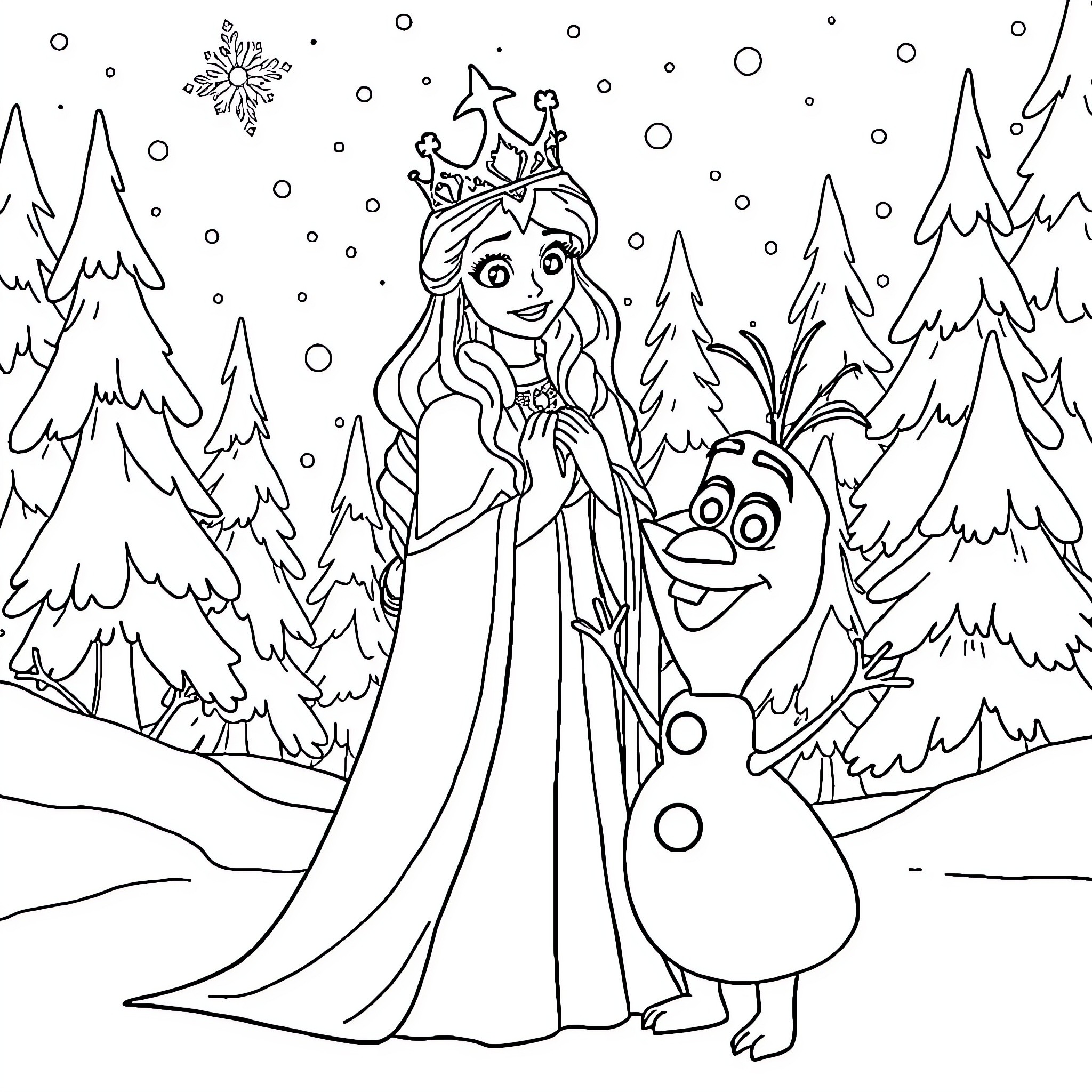 Lilo's Snowy Winter Adventure with Olaf Coloring Page (free black-and-white line drawing printable PDF for all, from beginners to advanced learners, including children, teens, adults, and seniors)