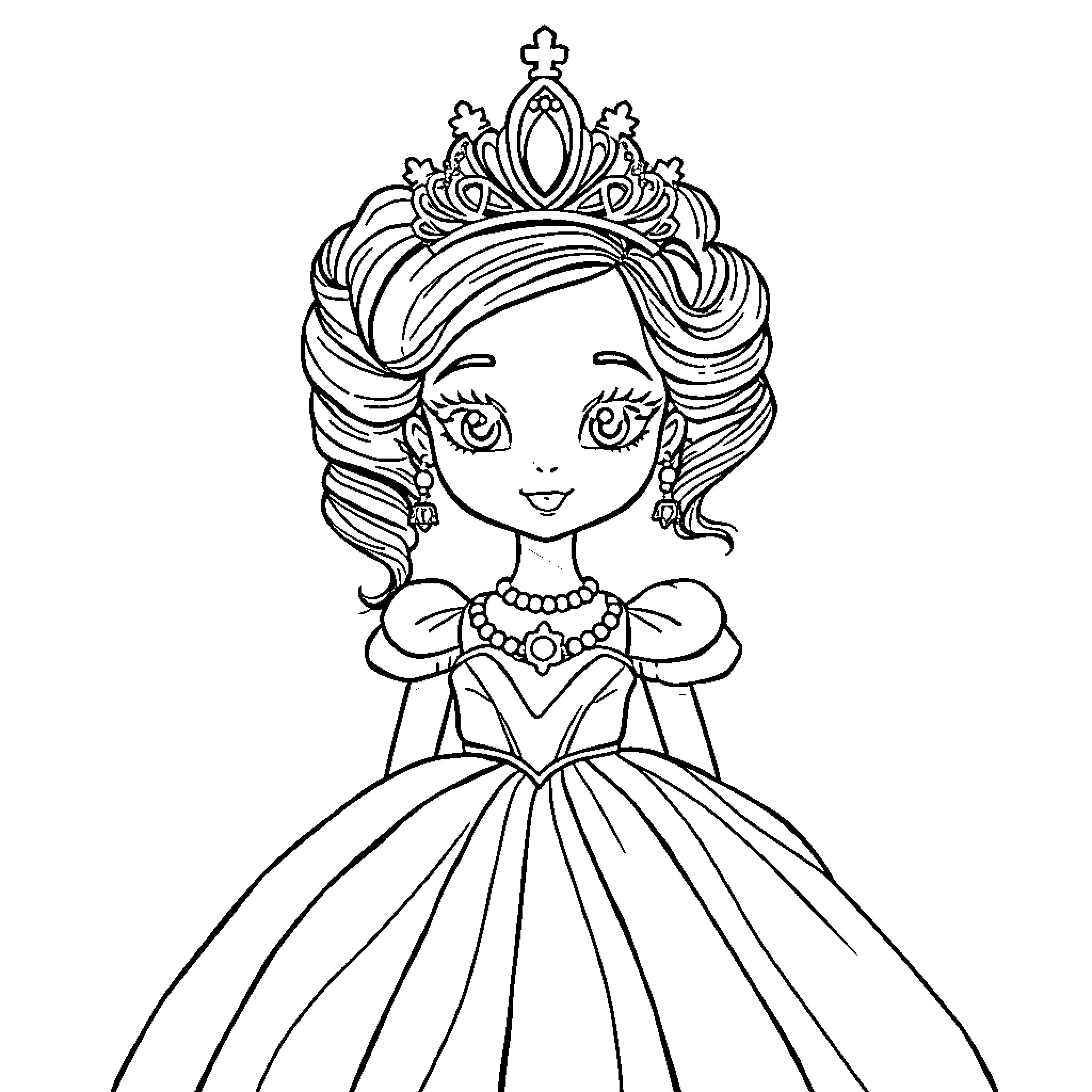 Princess in Elegant Attire and Regal Crown Coloring Page (free black-and-white line drawing printable PDF for all, from beginners to advanced learners, including children, teens, adults, and seniors)