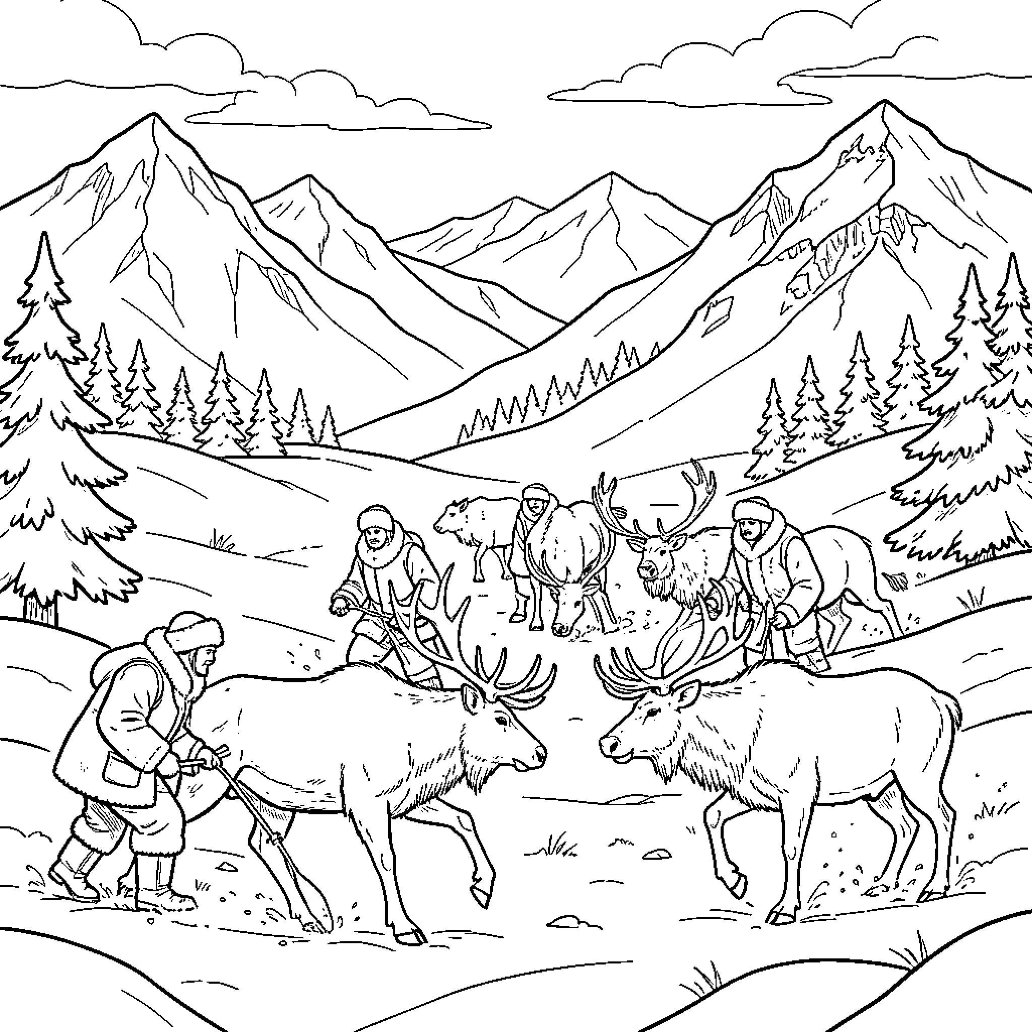 Inuit hunters pursuing reindeer through a snowy mountain landscape Coloring Page (free black-and-white line drawing printable PDF for all, from beginners to advanced learners, including children, teens, adults, and seniors)