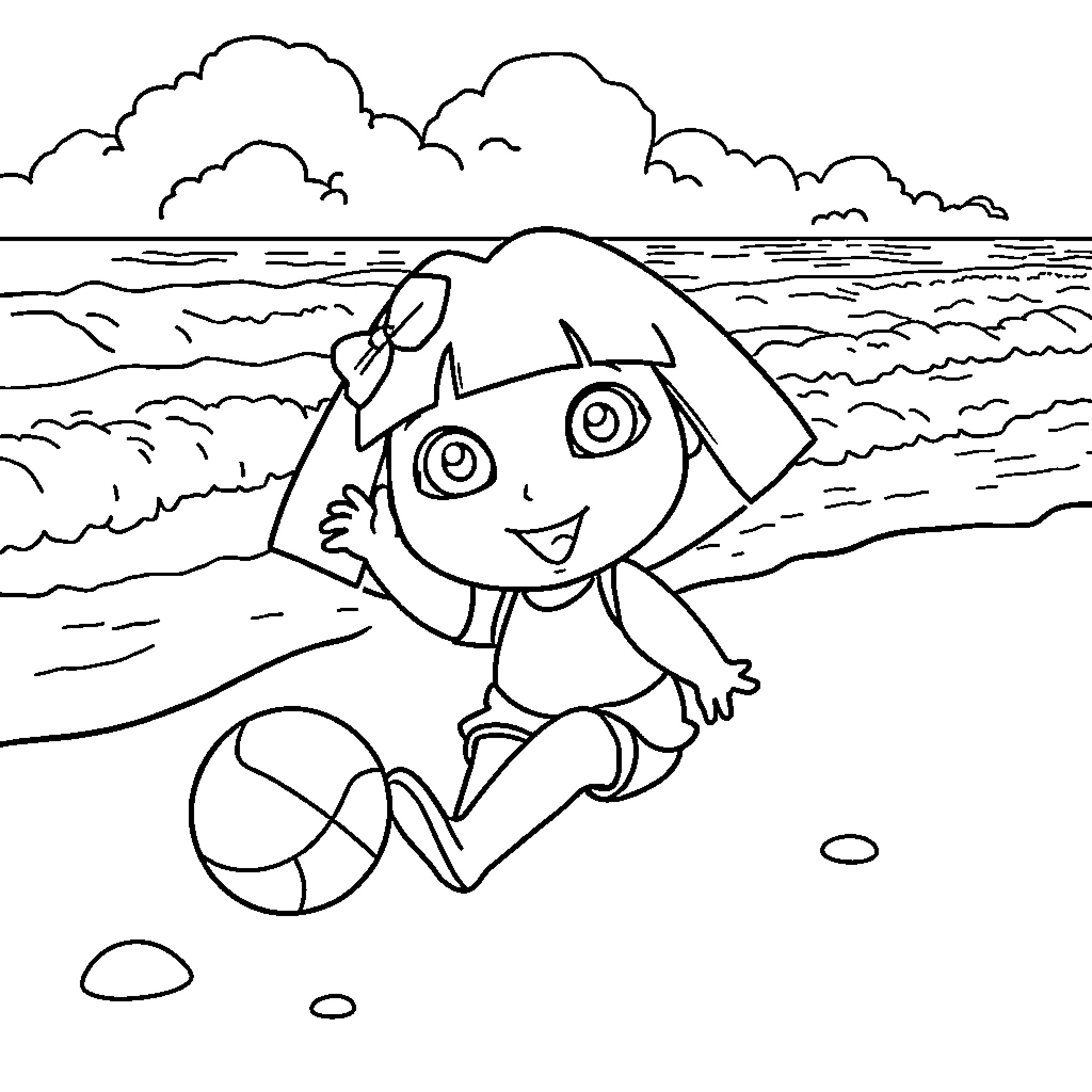 Dora playing with a ball on the beach Coloring Page (free black-and-white line drawing printable PDF for all, from beginners to advanced learners, including children, teens, adults, and seniors)