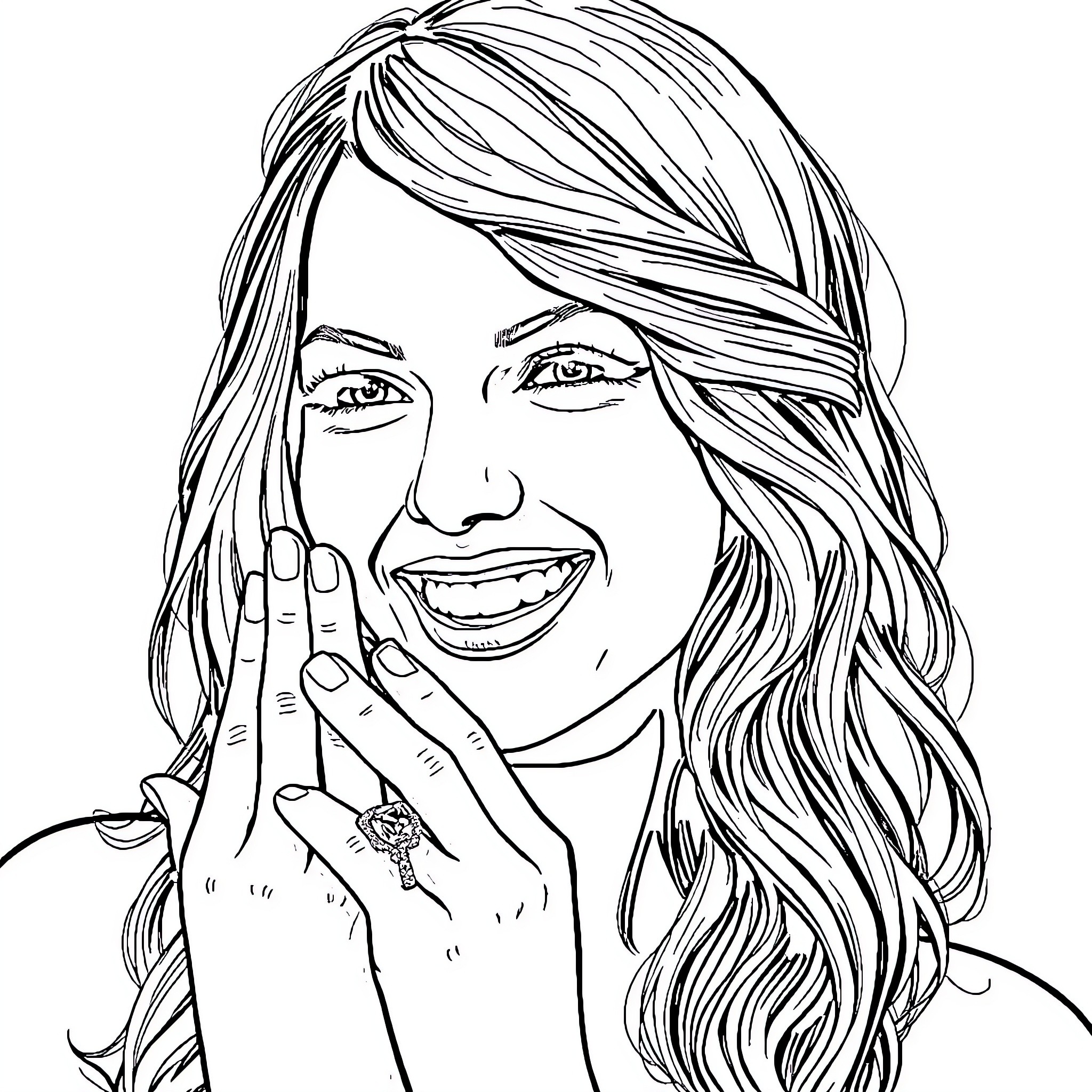 Taylor Swift's joyful expression and stylish appearance Coloring Page (free black-and-white line drawing printable PDF for all, from beginners to advanced learners, including children, teens, adults, and seniors)