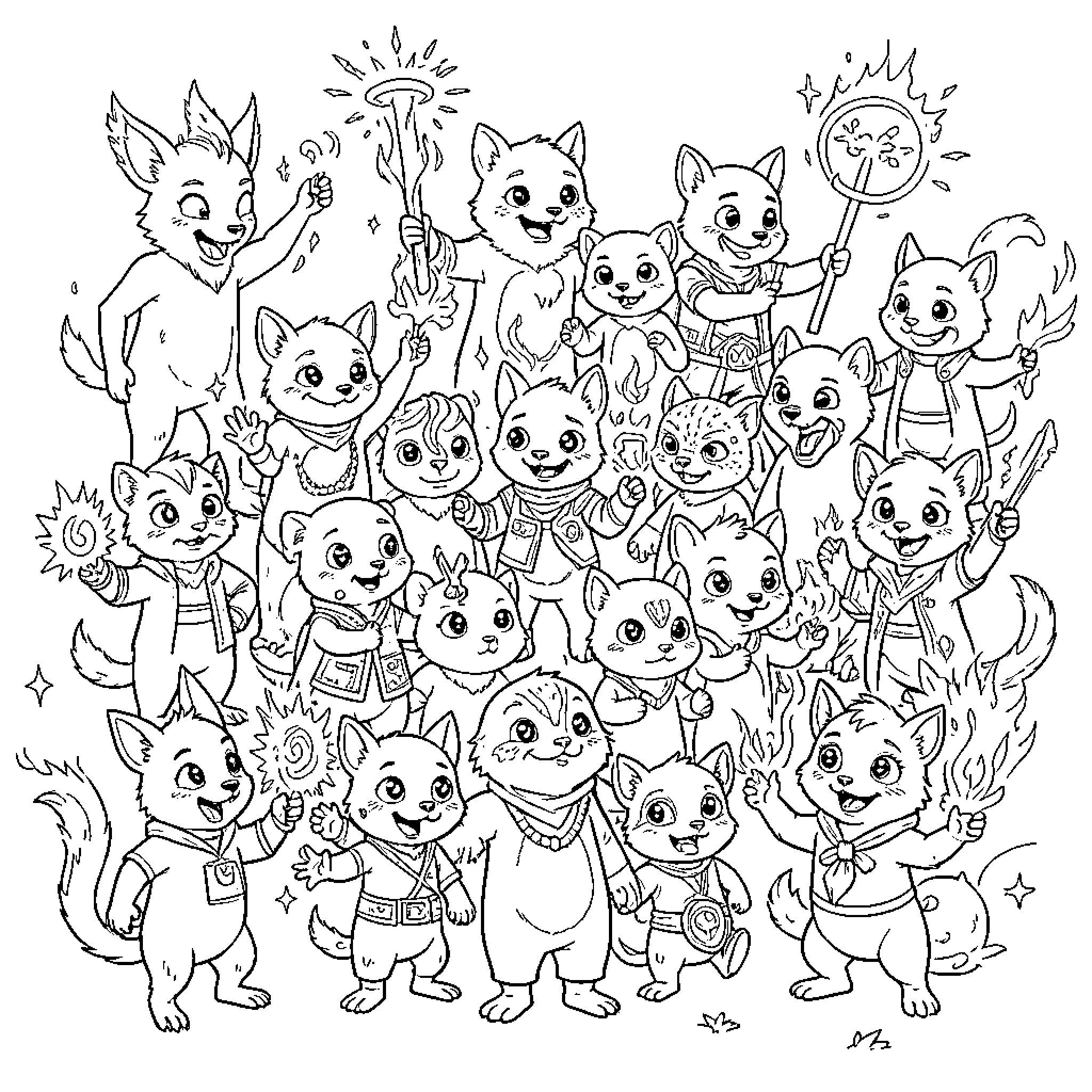 Pokémon celebrating together with magical wands and joyful expressions Coloring Page (free black-and-white line drawing printable PDF for all, from beginners to advanced learners, including children, teens, adults, and seniors)