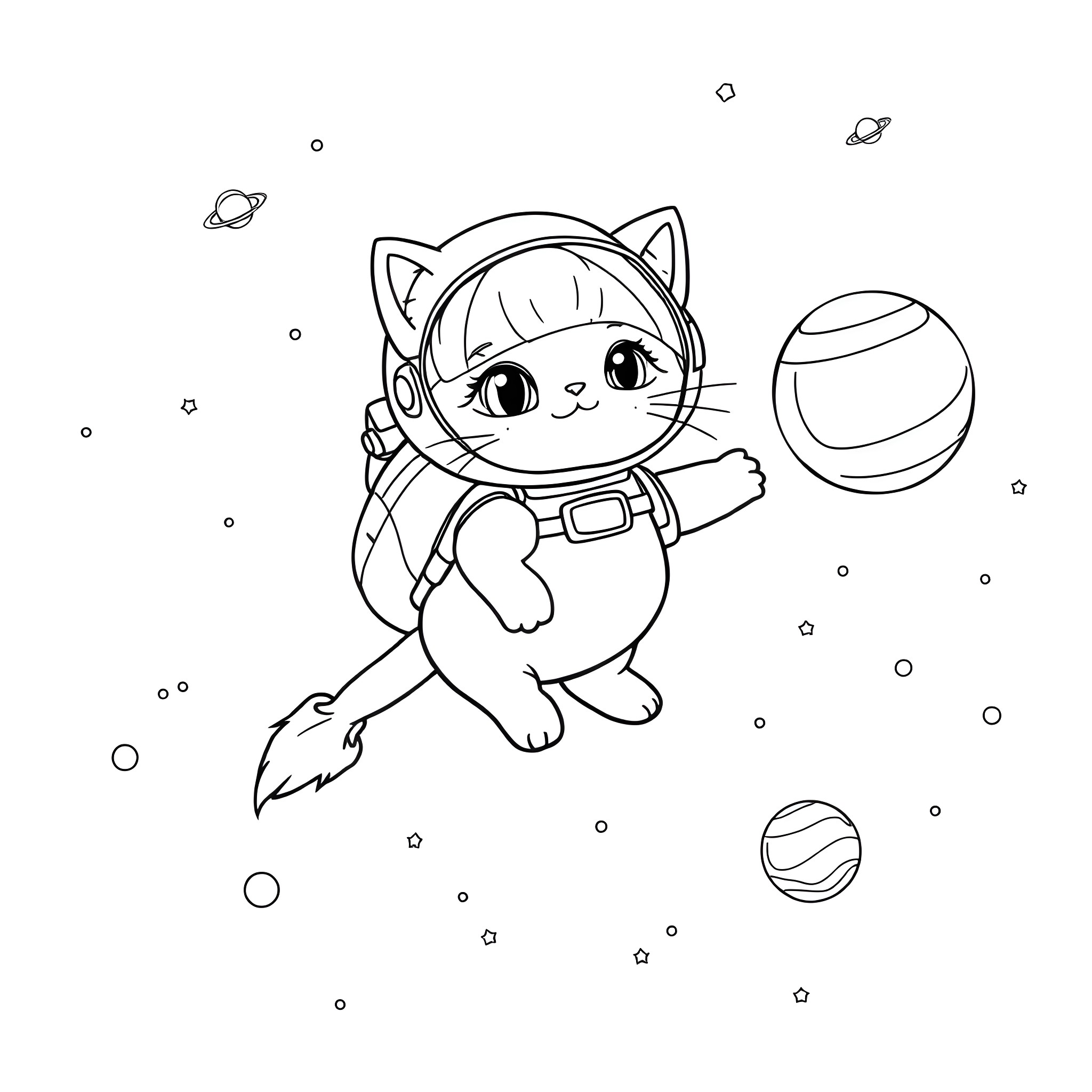Kitty astronaut explores space with planets Coloring Page (free black-and-white line drawing printable PDF for all, from beginners to advanced learners, including children, teens, adults, and seniors)