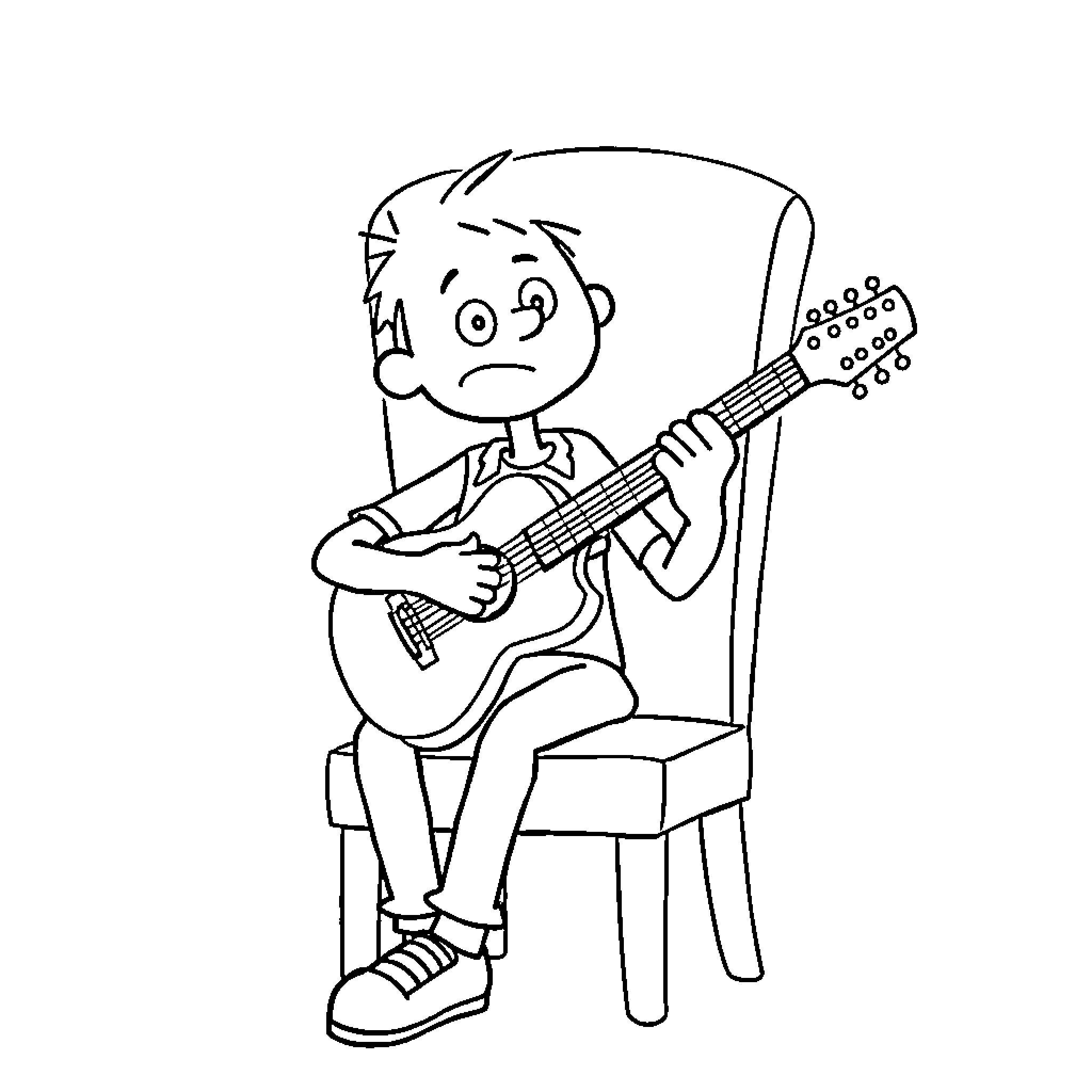 Greg Playing Guitar in Chair Coloring Page (free black-and-white line drawing printable PDF for all, from beginners to advanced learners, including children, teens, adults, and seniors)