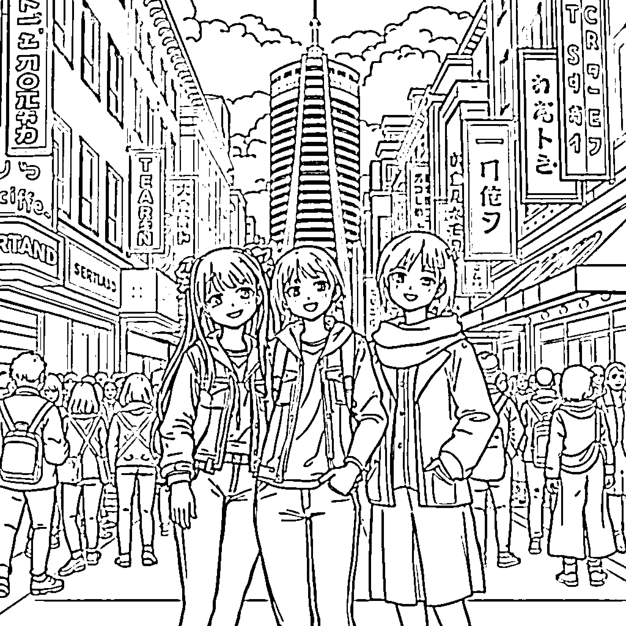 Miku and Friends Explore the Vibrant City Coloring Page (free black-and-white line drawing printable PDF for all, from beginners to advanced learners, including children, teens, adults, and seniors)