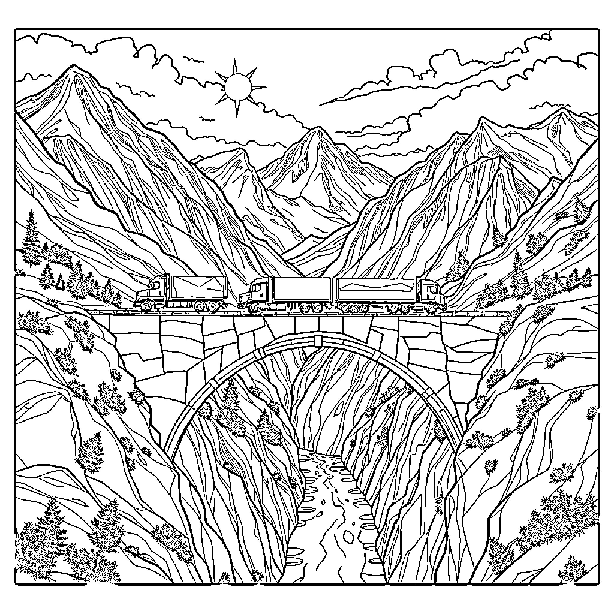 Truck Crossing Scenic Mountain Bridge Coloring Page (free black-and-white line drawing printable PDF for all, from beginners to advanced learners, including children, teens, adults, and seniors)