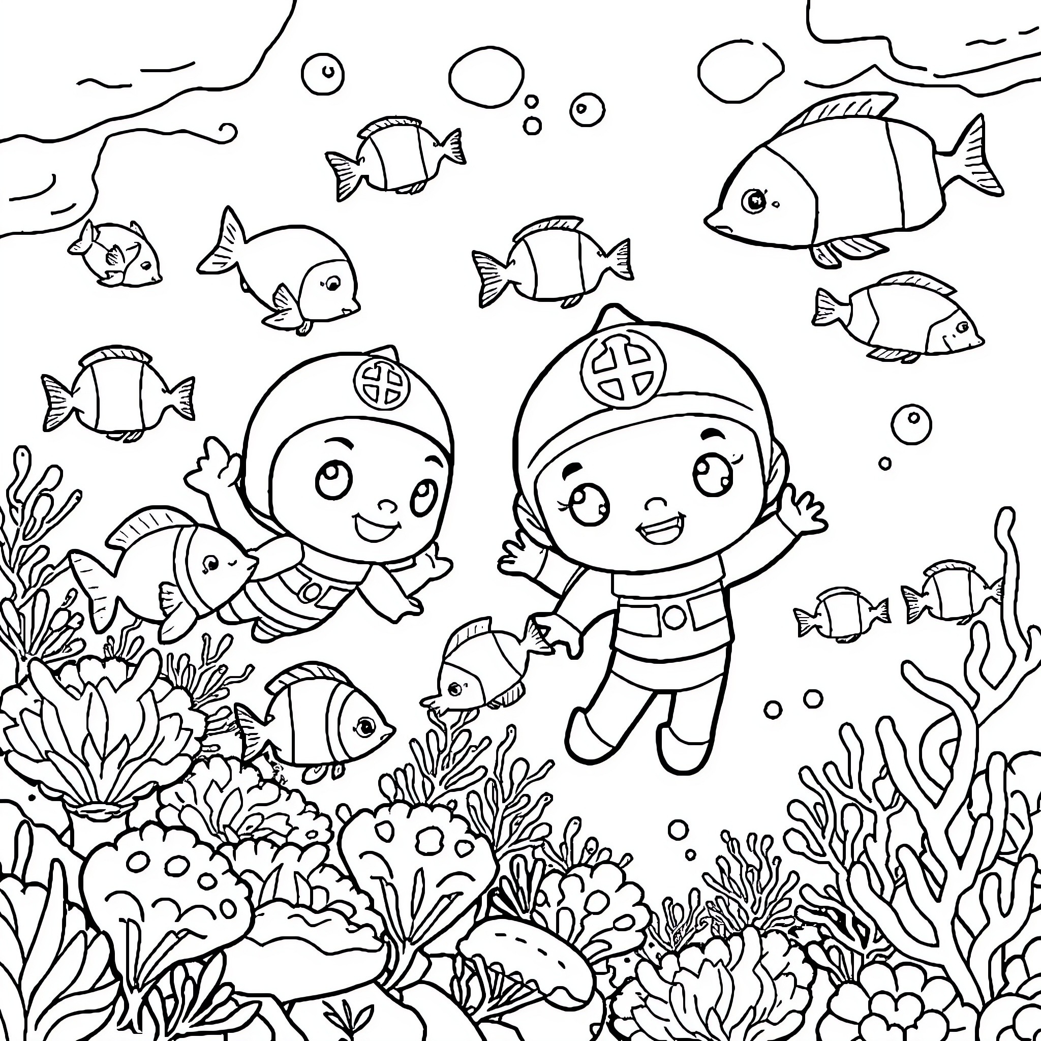 Octonauts exploring the underwater world with marine life Coloring Page (free black-and-white line drawing printable PDF for all, from beginners to advanced learners, including children, teens, adults, and seniors)