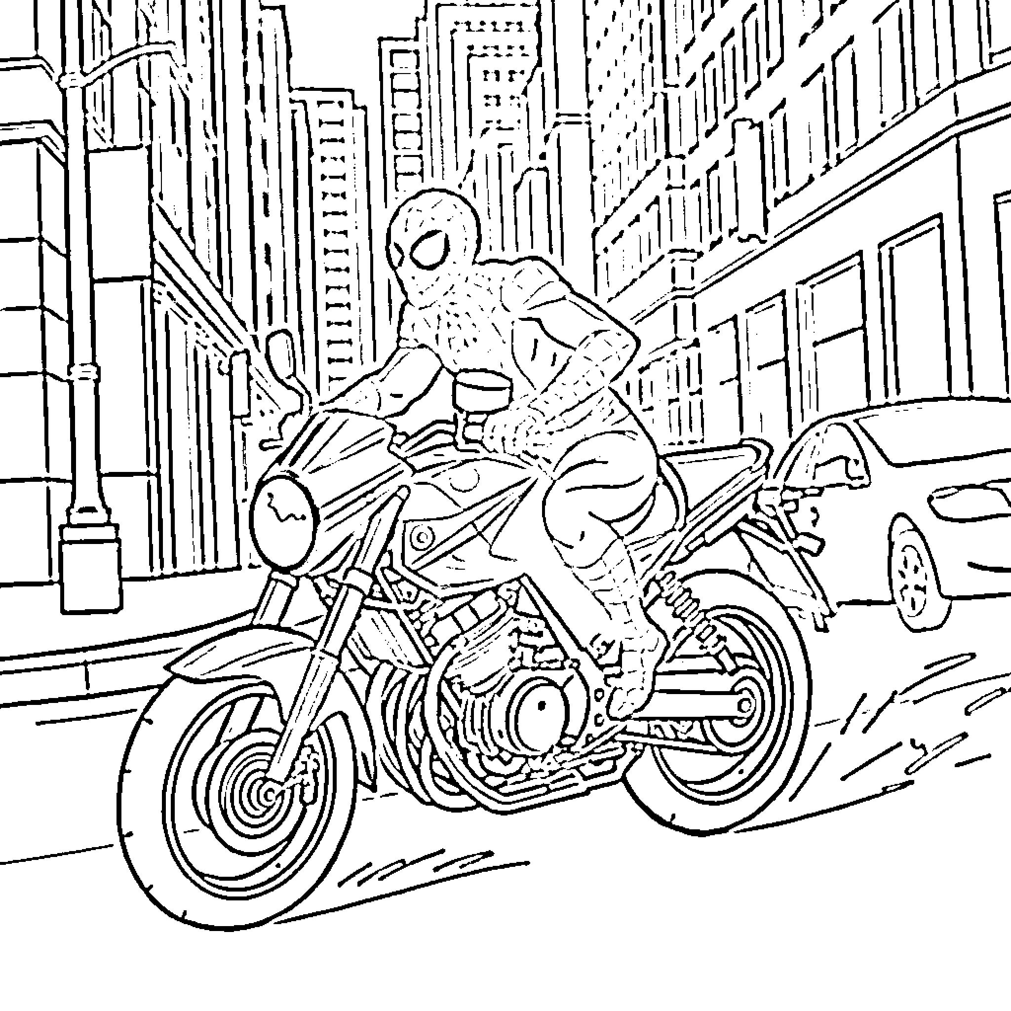 Spiderman riding a motorcycle through the city streets Coloring Page (free black-and-white line drawing printable PDF for all, from beginners to advanced learners, including children, teens, adults, and seniors)