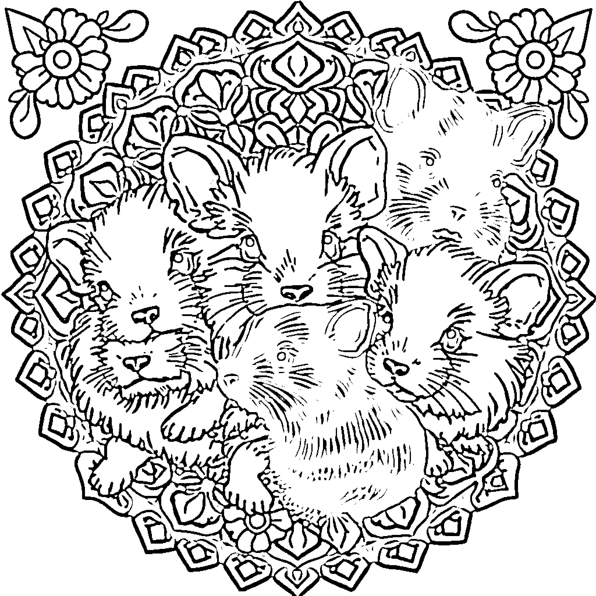 Guinea Pig Enjoying Ornamental Floral Decorations Coloring Page (free black-and-white line drawing printable PDF for all, from beginners to advanced learners, including children, teens, adults, and seniors)
