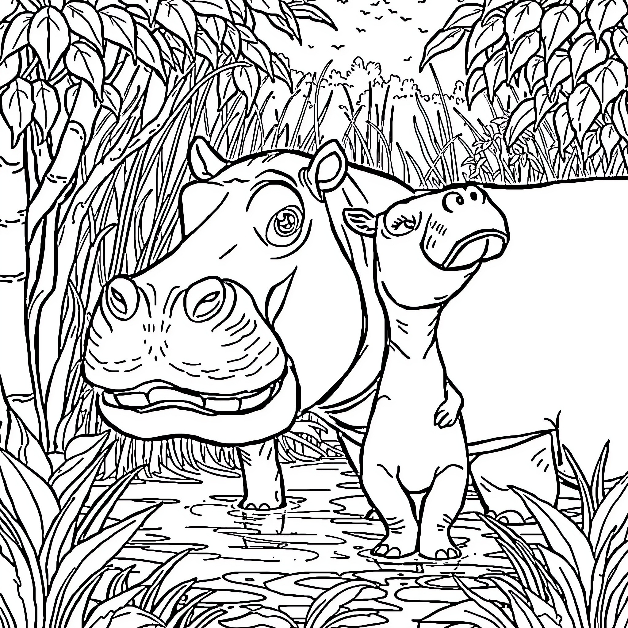 Unicorn-like creatures in magical forest scene Coloring Page (free black-and-white line drawing printable PDF for all, from beginners to advanced learners, including children, teens, adults, and seniors)
