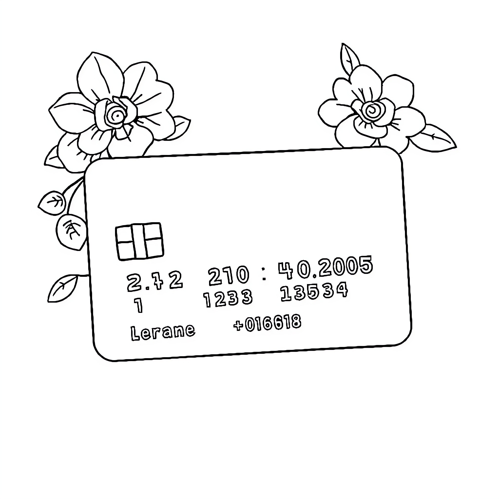 Credit Card with Floral Design Coloring Page (free black-and-white line drawing printable PDF for all, from beginners to advanced learners, including children, teens, adults, and seniors)