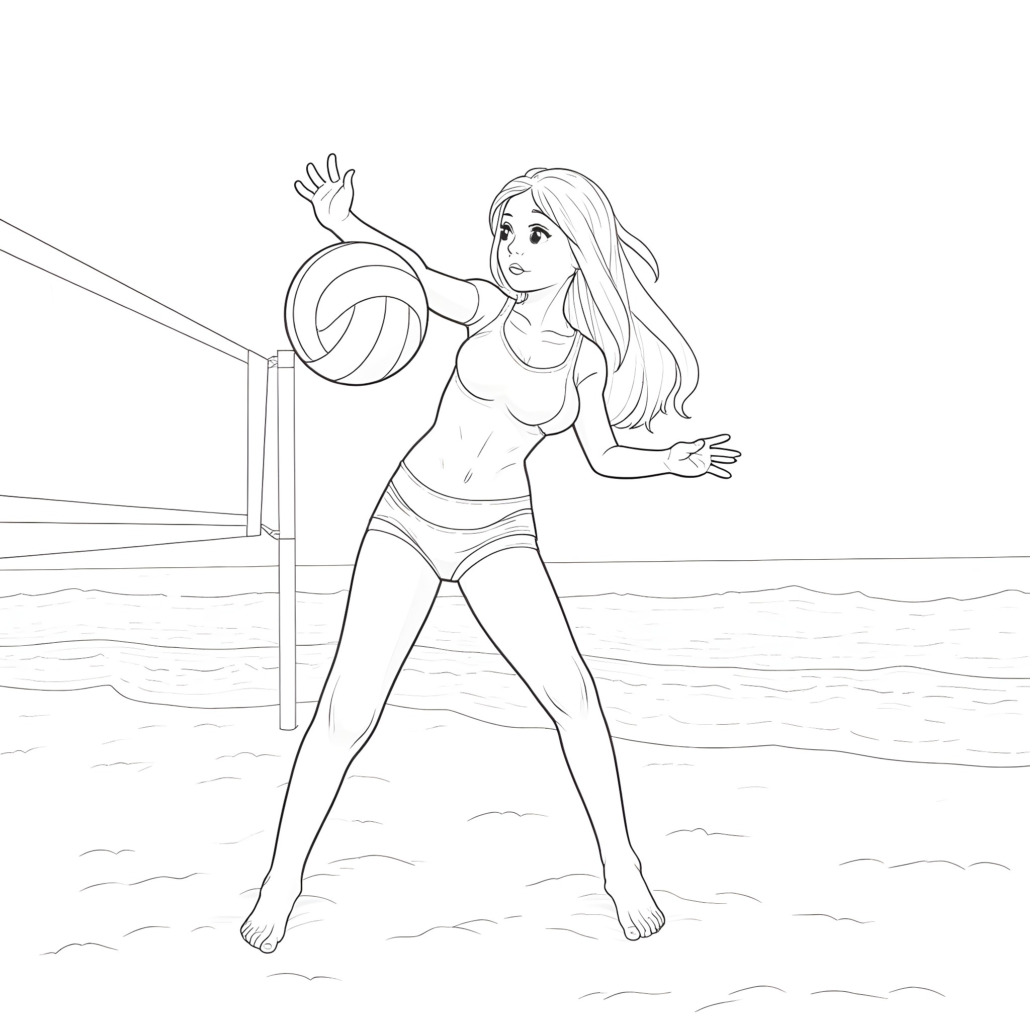 Tifa playing volleyball on the beach Coloring Page (free black-and-white line drawing printable PDF for all, from beginners to advanced learners, including children, teens, adults, and seniors)