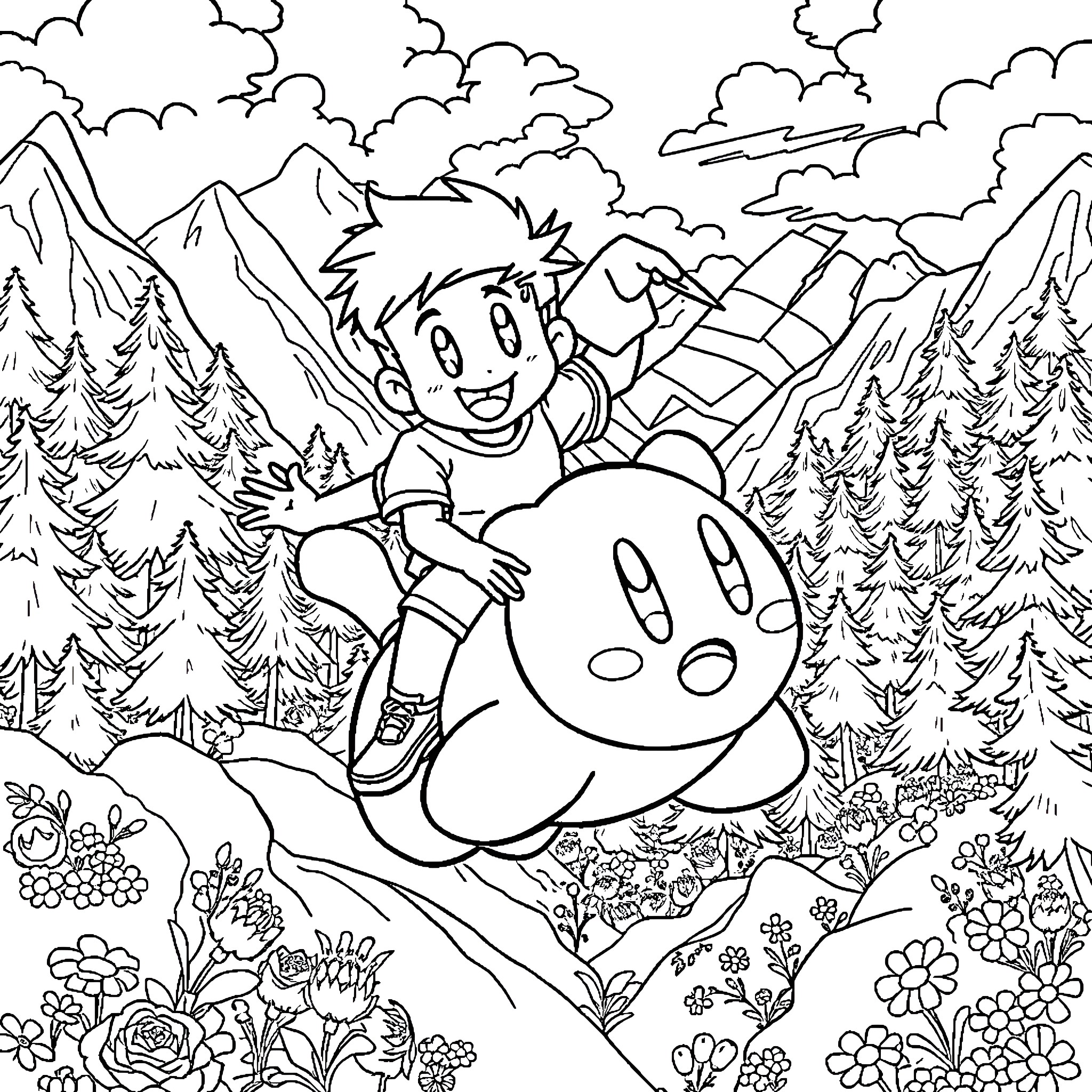 Boy exploring the wondrous mountain landscape Coloring Page (free black-and-white line drawing printable PDF for all, from beginners to advanced learners, including children, teens, adults, and seniors)