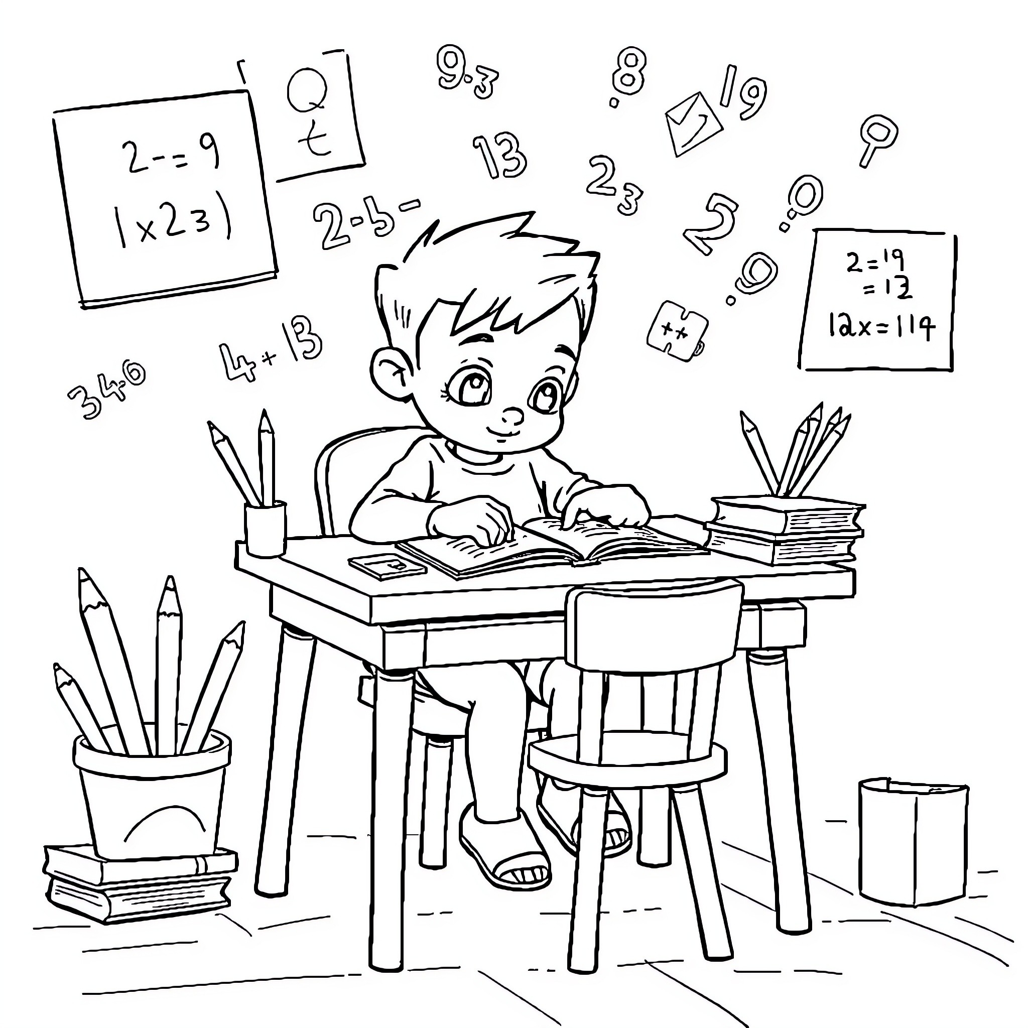 Bluey Diligently Studying Math and School Supplies Coloring Page (free black-and-white line drawing printable PDF for all, from beginners to advanced learners, including children, teens, adults, and seniors)