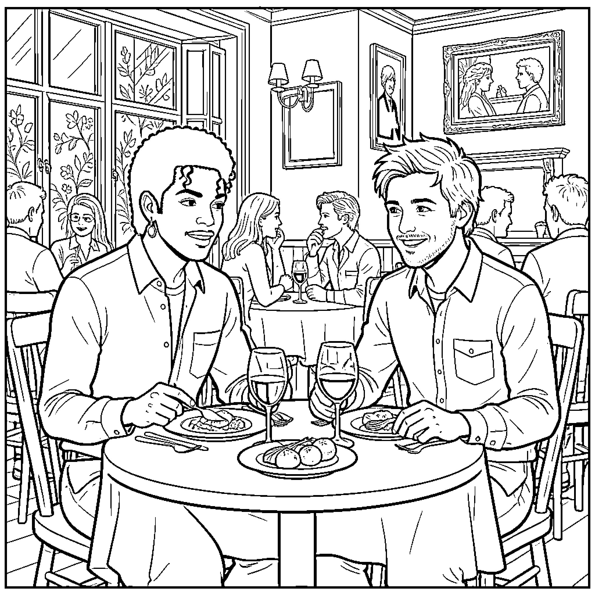Michael Jackson dining at a restaurant with friends Coloring Page (free black-and-white line drawing printable PDF for all, from beginners to advanced learners, including children, teens, adults, and seniors)