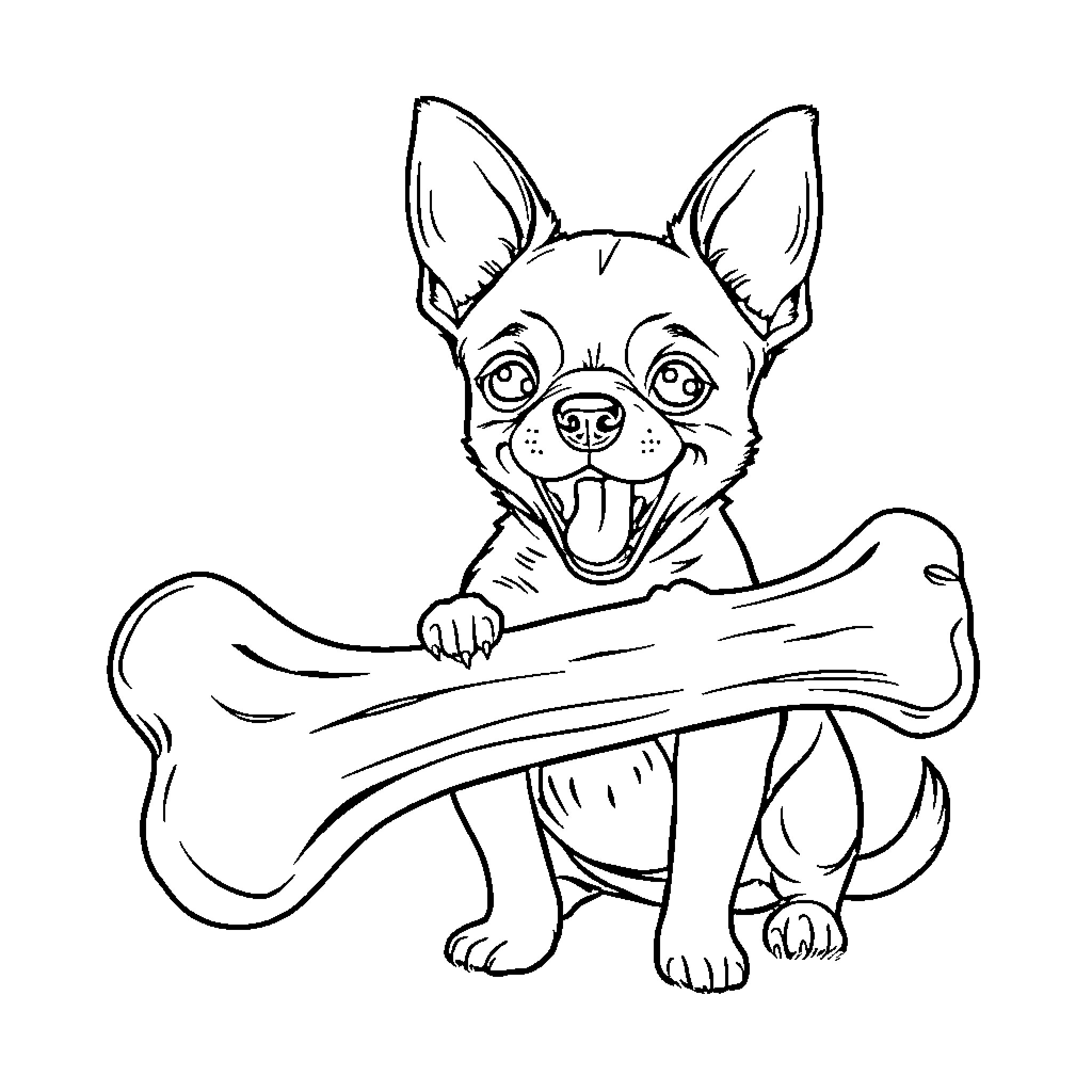 Chihuahua holding a large bone Coloring Page (free black-and-white line drawing printable PDF for all, from beginners to advanced learners, including children, teens, adults, and seniors)