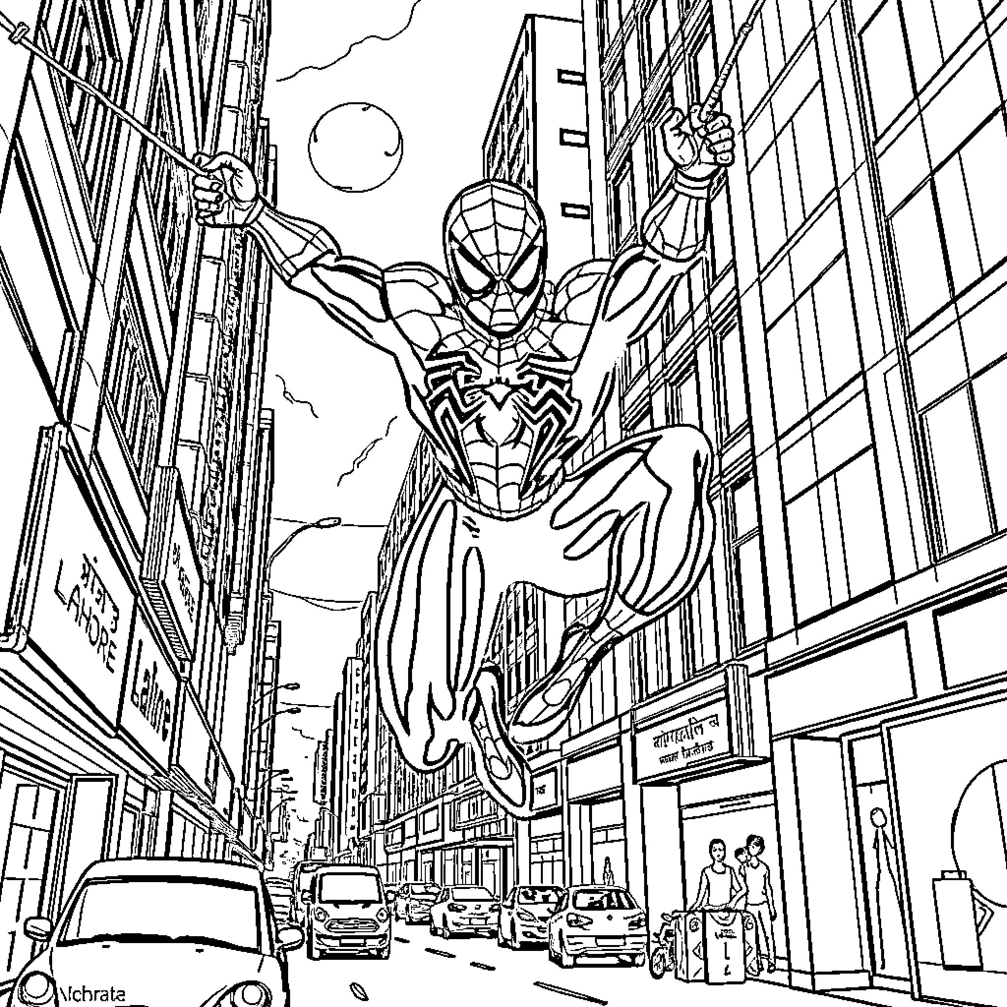 Spiderman Swinging Through the City Streets Coloring Page (free black-and-white line drawing printable PDF for all, from beginners to advanced learners, including children, teens, adults, and seniors)