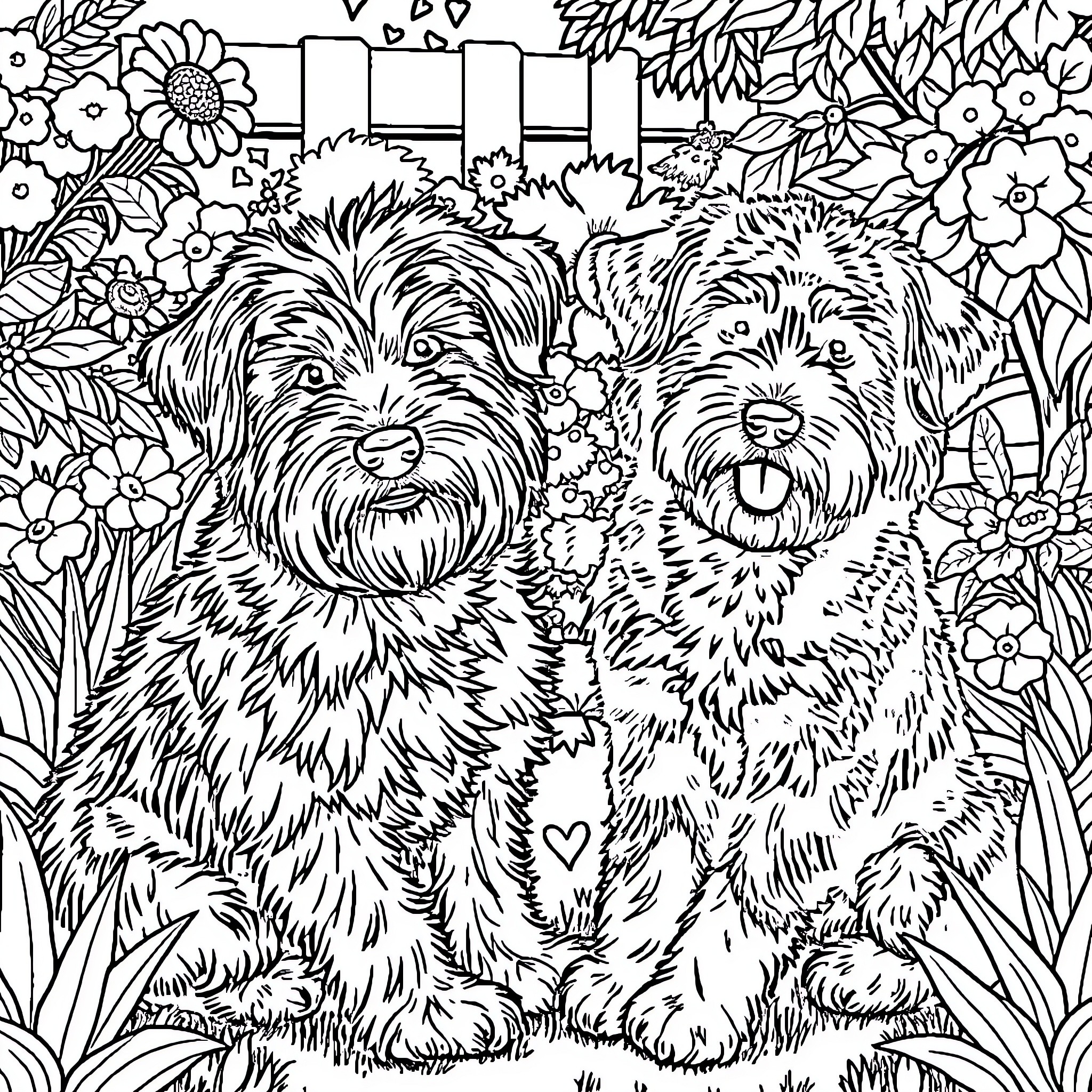 Dog friends in a floral garden Coloring Page (free black-and-white line drawing printable PDF for all, from beginners to advanced learners, including children, teens, adults, and seniors)