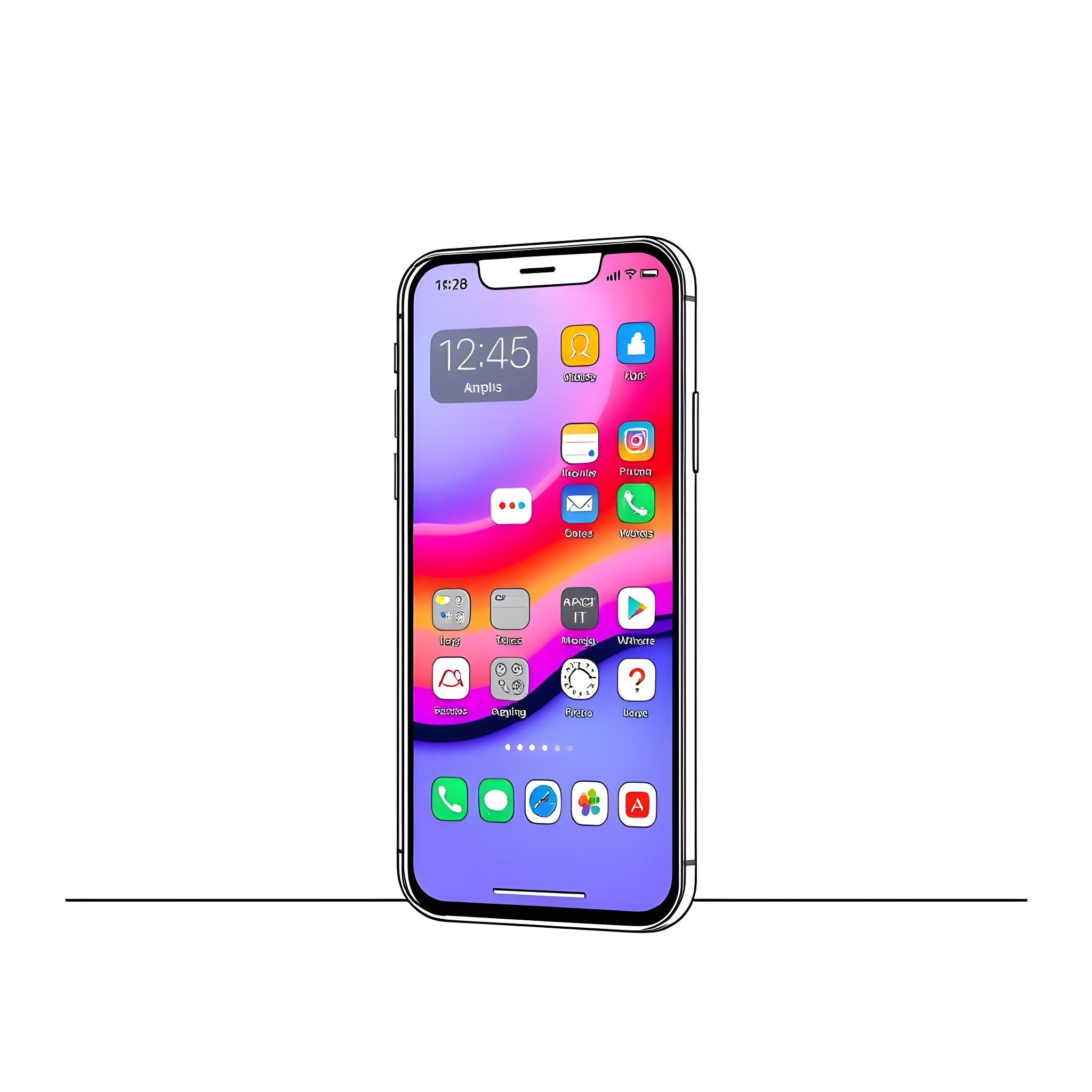 iPhone displaying colorful app icons and interface Coloring Page (free black-and-white line drawing printable PDF for all, from beginners to advanced learners, including children, teens, adults, and seniors)