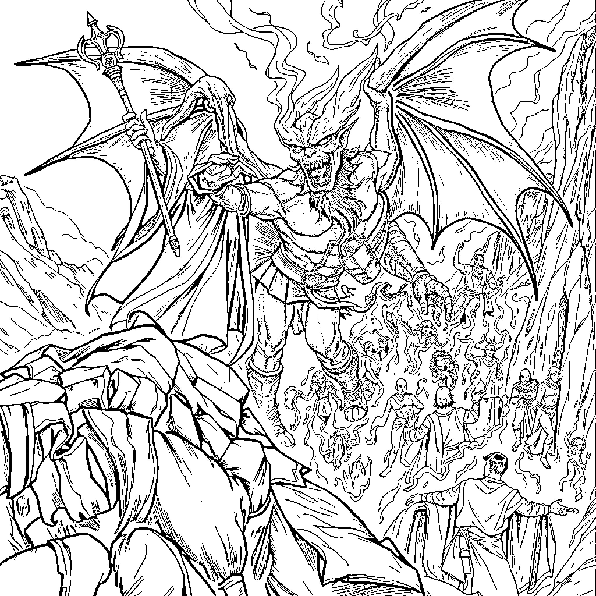 Gandalf's Heroic Confrontation with the Fiery Demon Coloring Page (free black-and-white line drawing printable PDF for all, from beginners to advanced learners, including children, teens, adults, and seniors)