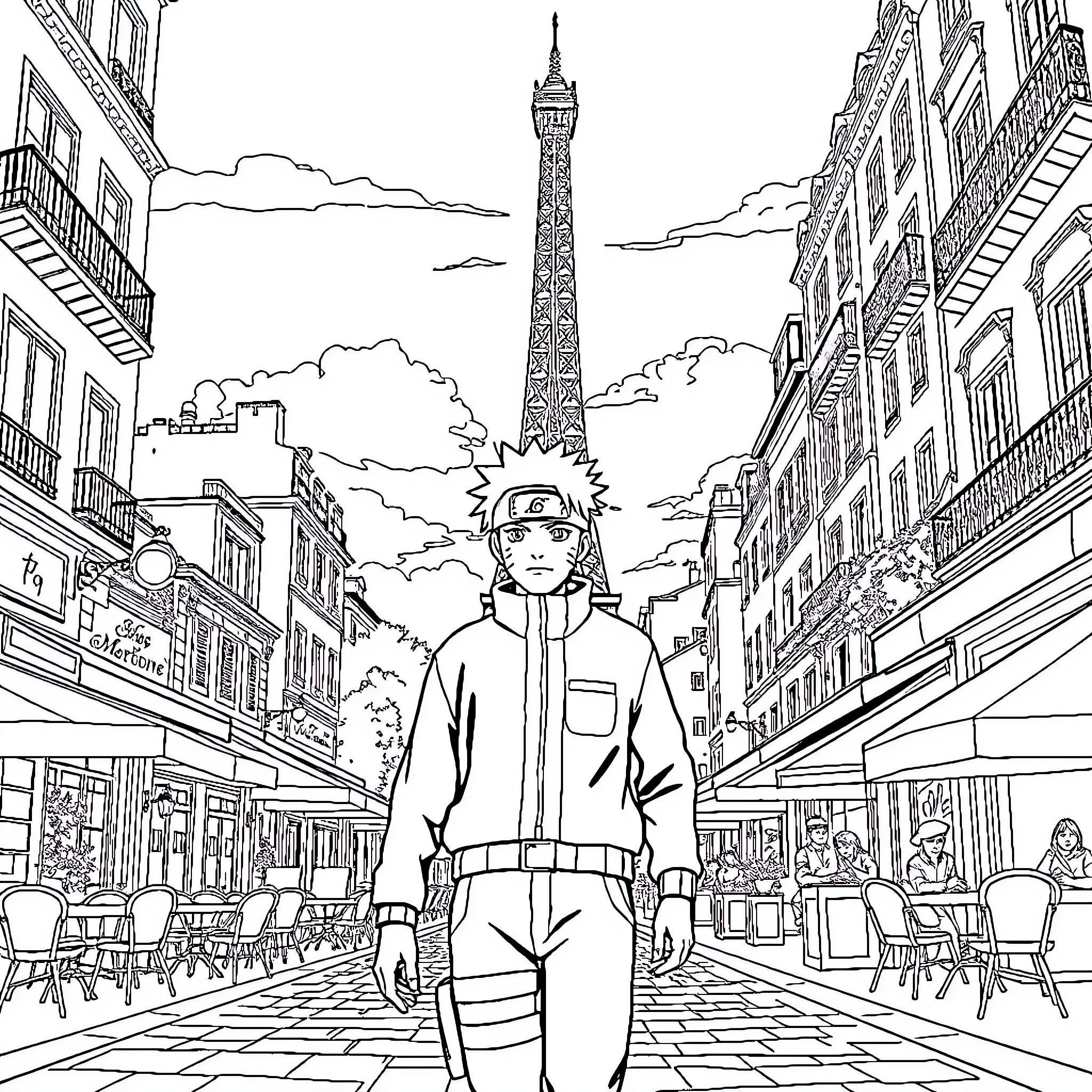 Naruto explores the lively streets of Paris Coloring Page (free black-and-white line drawing printable PDF for all, from beginners to advanced learners, including children, teens, adults, and seniors)