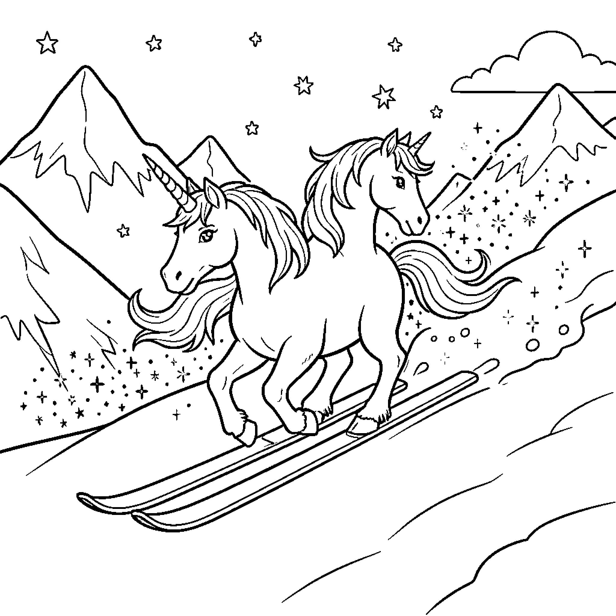 Unicorn skiing across a winter wonderland Coloring Page (free black-and-white line drawing printable PDF for all, from beginners to advanced learners, including children, teens, adults, and seniors)