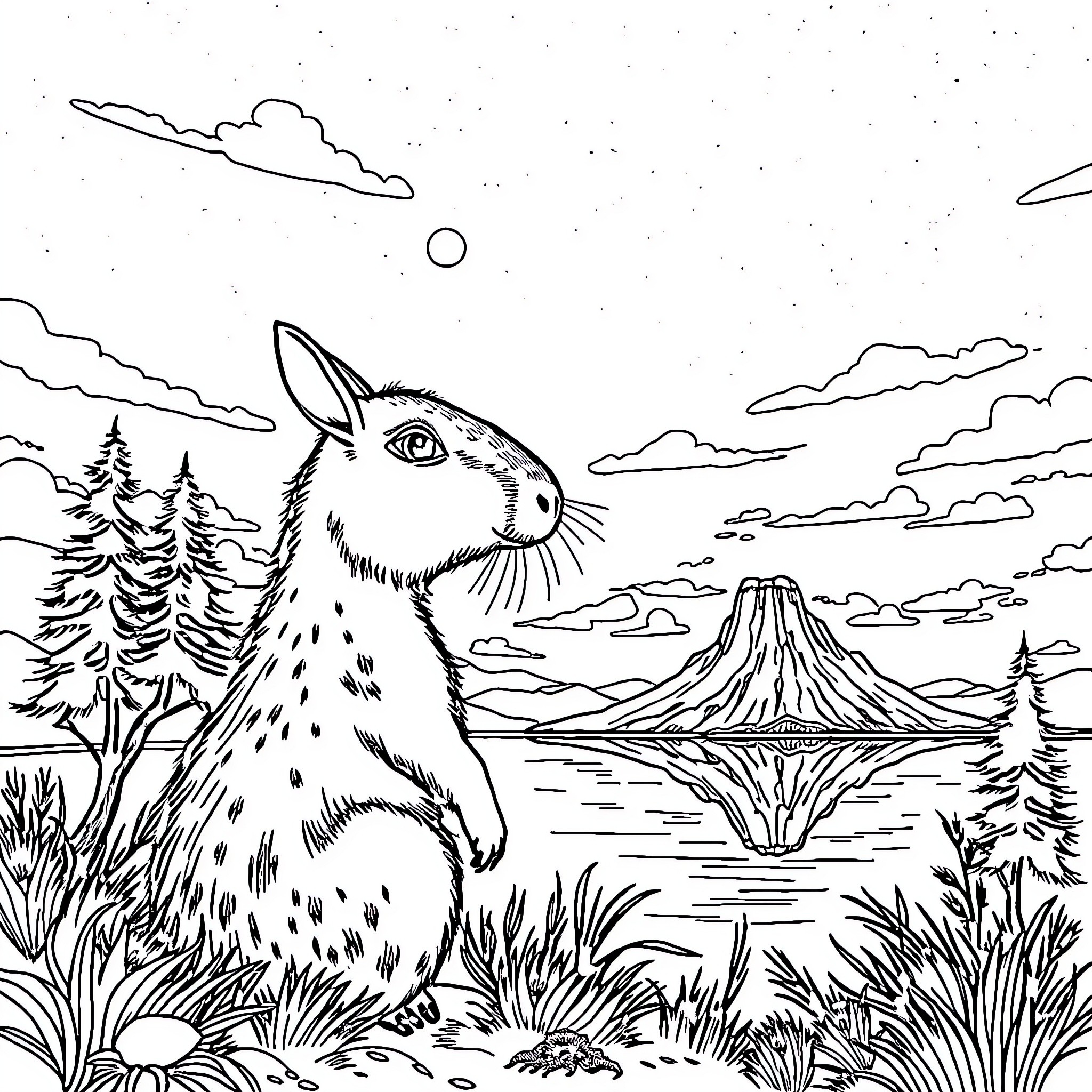 Capybara in serene wilderness landscape Coloring Page (free black-and-white line drawing printable PDF for all, from beginners to advanced learners, including children, teens, adults, and seniors)