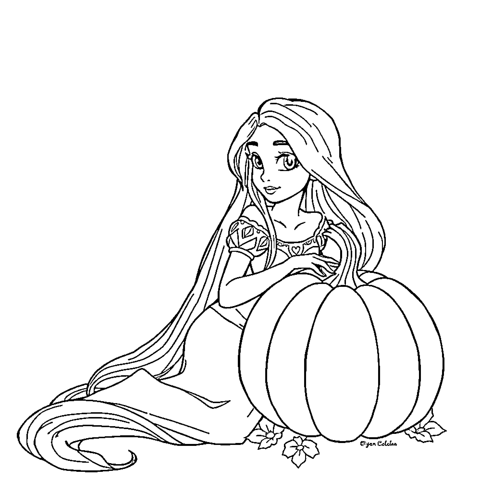Rapunzel sitting with pumpkin and flowers Coloring Page (free black-and-white line drawing printable PDF for all, from beginners to advanced learners, including children, teens, adults, and seniors)