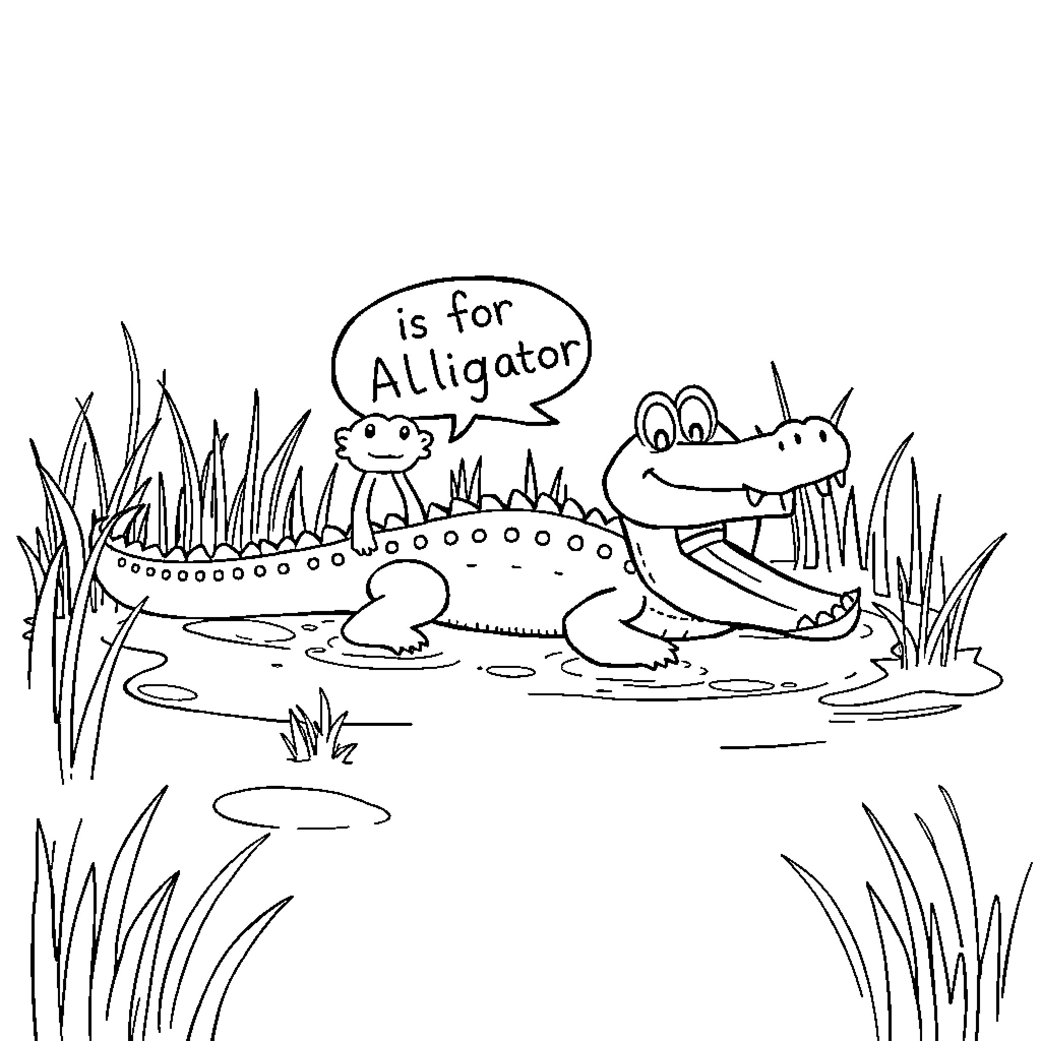 Alligator Teaches About Its Habitat Coloring Page (free black-and-white line drawing printable PDF for all, from beginners to advanced learners, including children, teens, adults, and seniors)