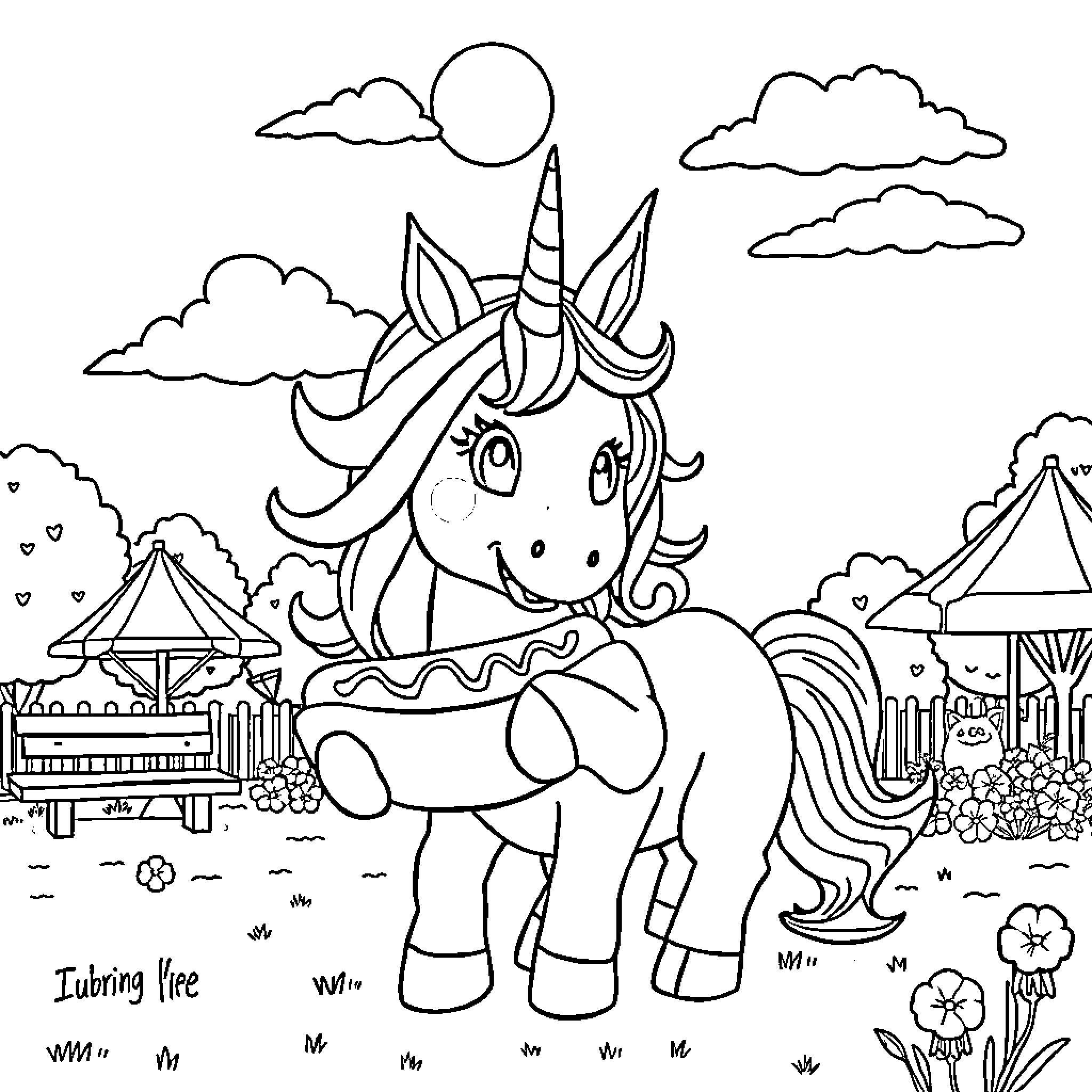 Unicorn enjoying a day at the carnival Coloring Page (free black-and-white line drawing printable PDF for all, from beginners to advanced learners, including children, teens, adults, and seniors)
