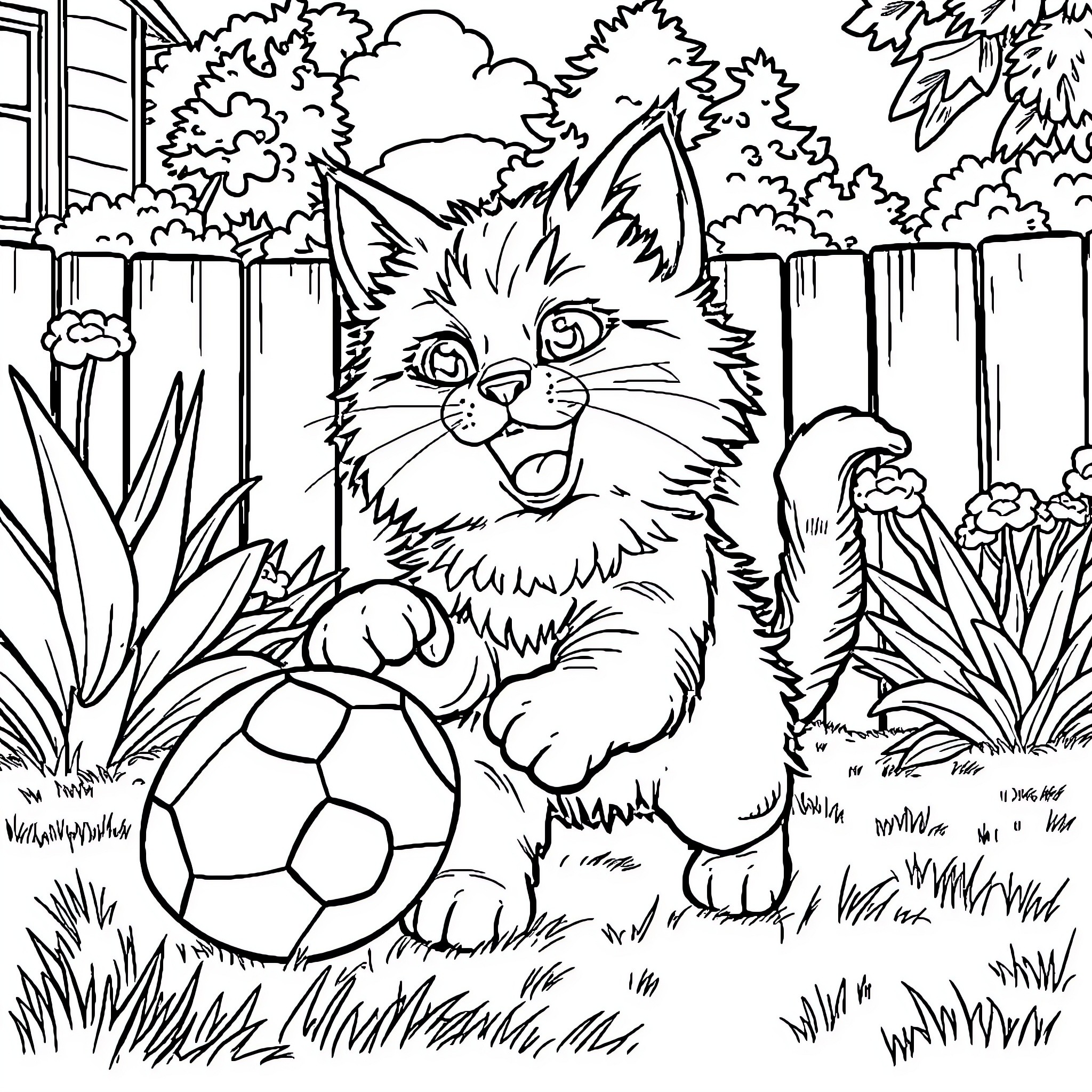 Cat playing with a ball in a backyard garden Coloring Page (free black-and-white line drawing printable PDF for all, from beginners to advanced learners, including children, teens, adults, and seniors)
