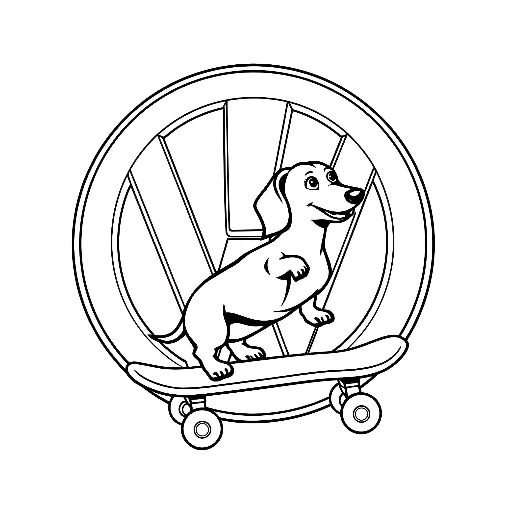 Volkswagen dog riding skateboard in circular frame Coloring Page (free black-and-white line drawing printable PDF for all, from beginners to advanced learners, including children, teens, adults, and seniors)