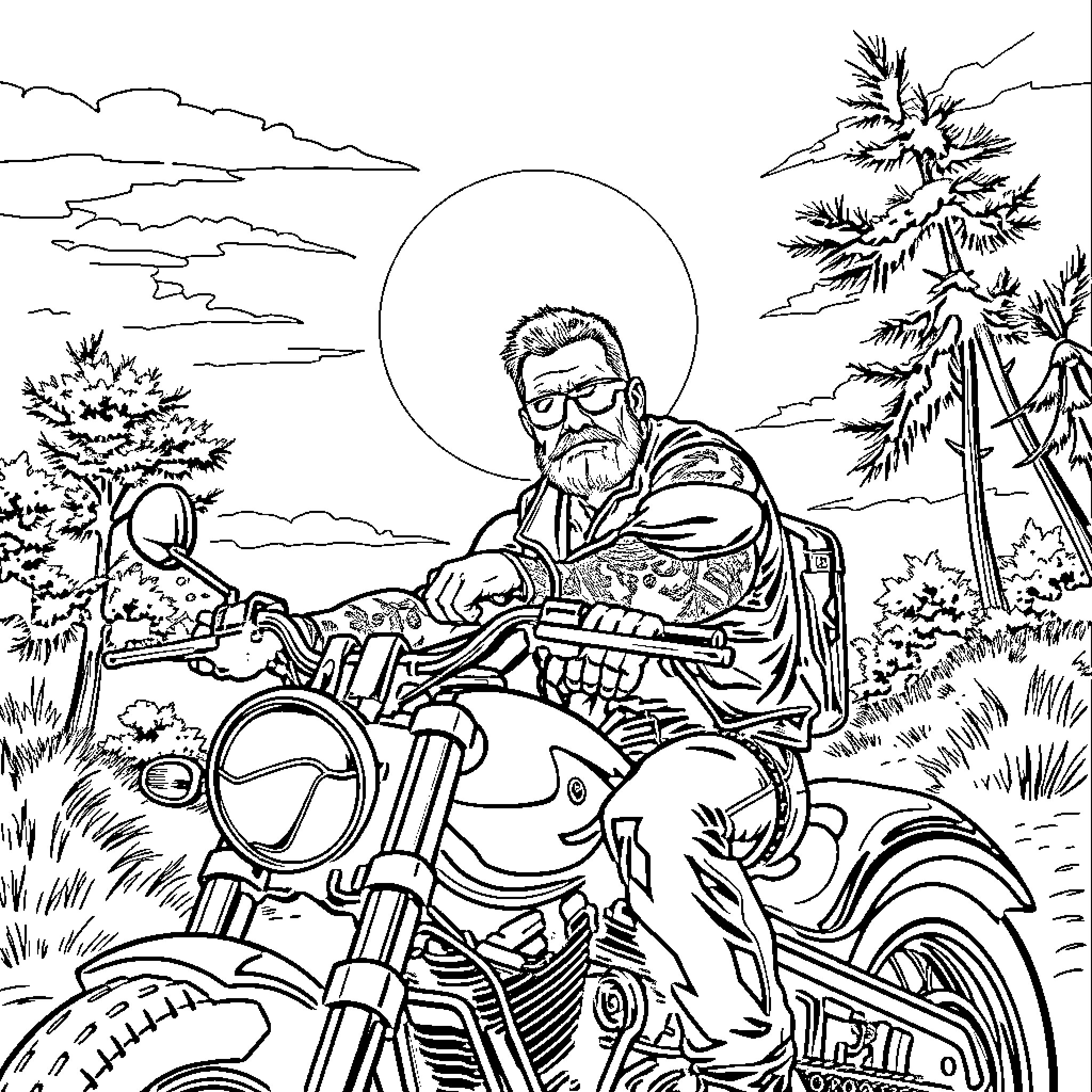 Tig Trager riding a motorcycle in a natural setting Coloring Page (free black-and-white line drawing printable PDF for all, from beginners to advanced learners, including children, teens, adults, and seniors)