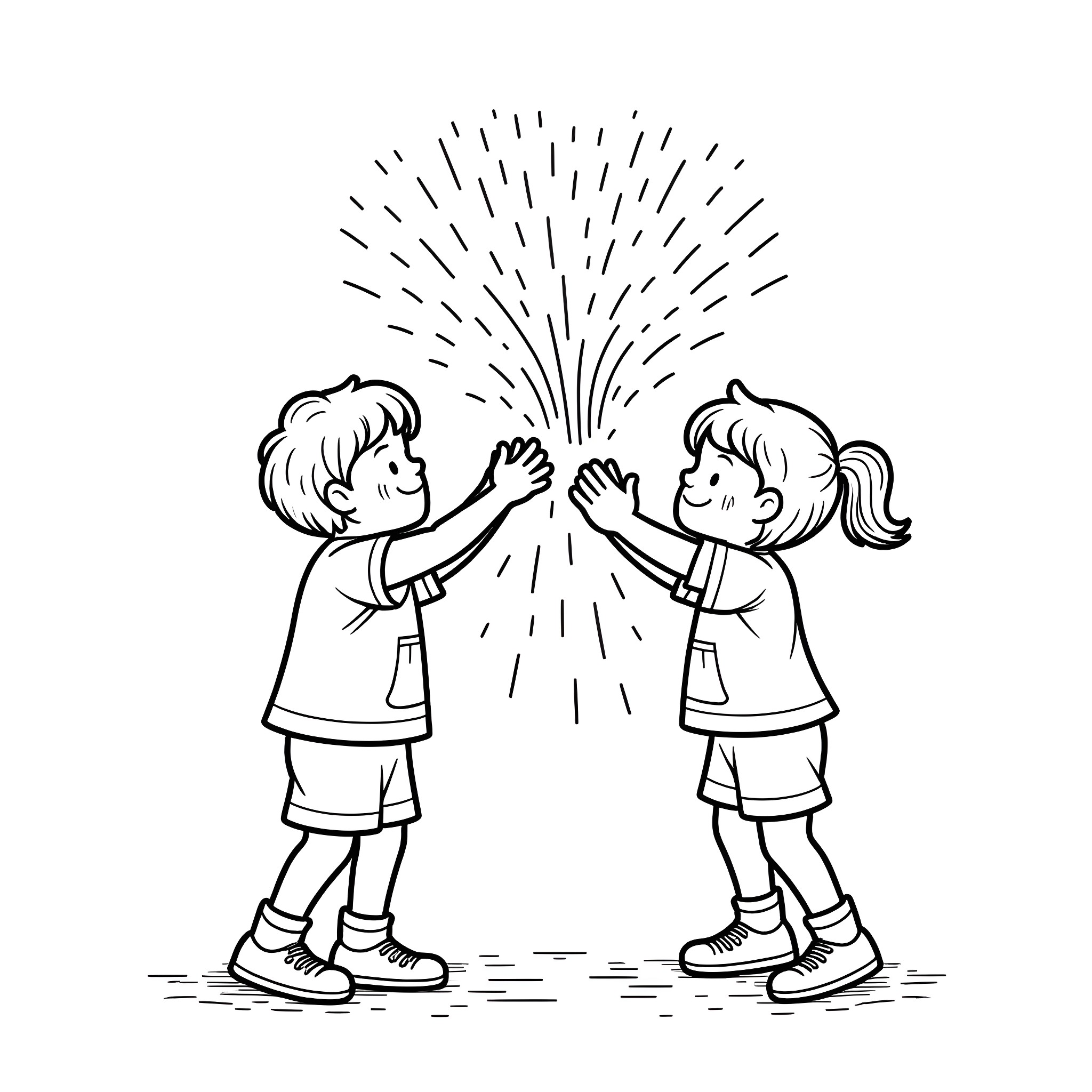 Child friends playing with sparkling light Coloring Page (free black-and-white line drawing printable PDF for all, from beginners to advanced learners, including children, teens, adults, and seniors)