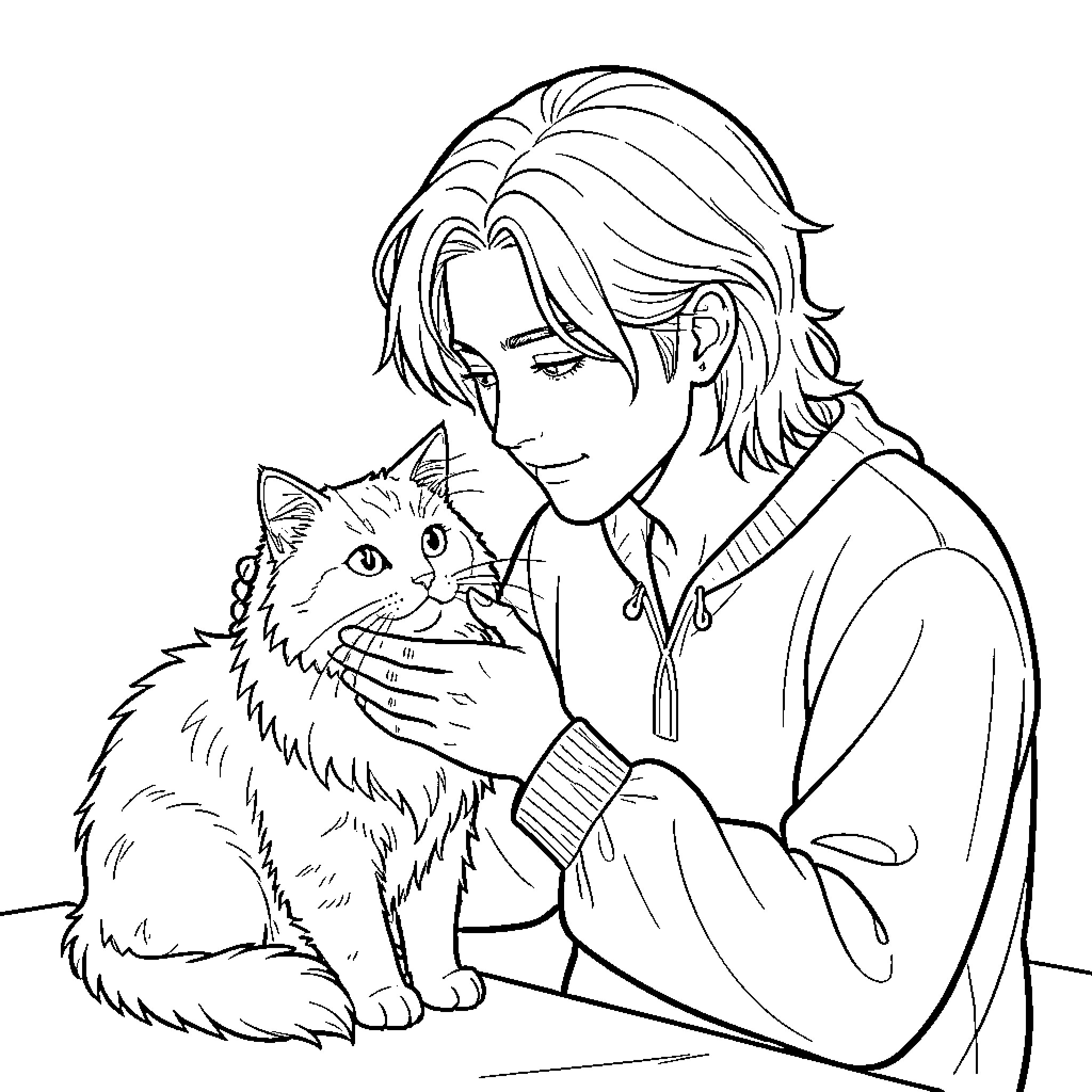 Rumi gently petting a fluffy cat Coloring Page (free black-and-white line drawing printable PDF for all, from beginners to advanced learners, including children, teens, adults, and seniors)