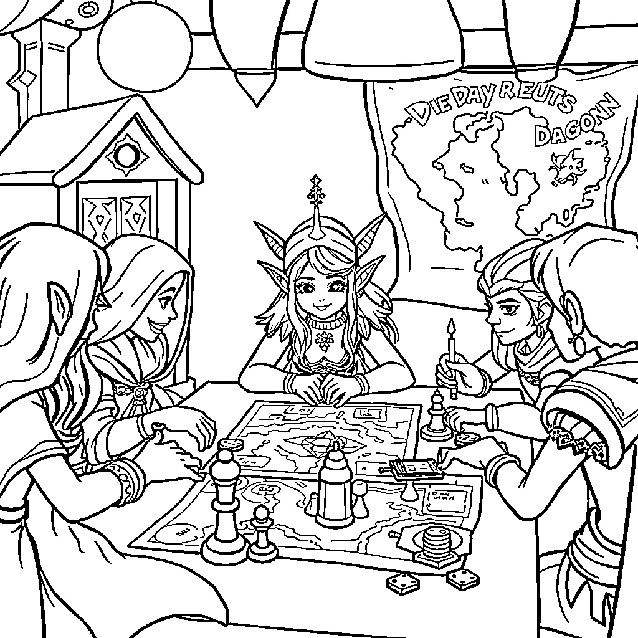 Princess Planning an Adventure with Friends Coloring Page (free black-and-white line drawing printable PDF for all, from beginners to advanced learners, including children, teens, adults, and seniors)