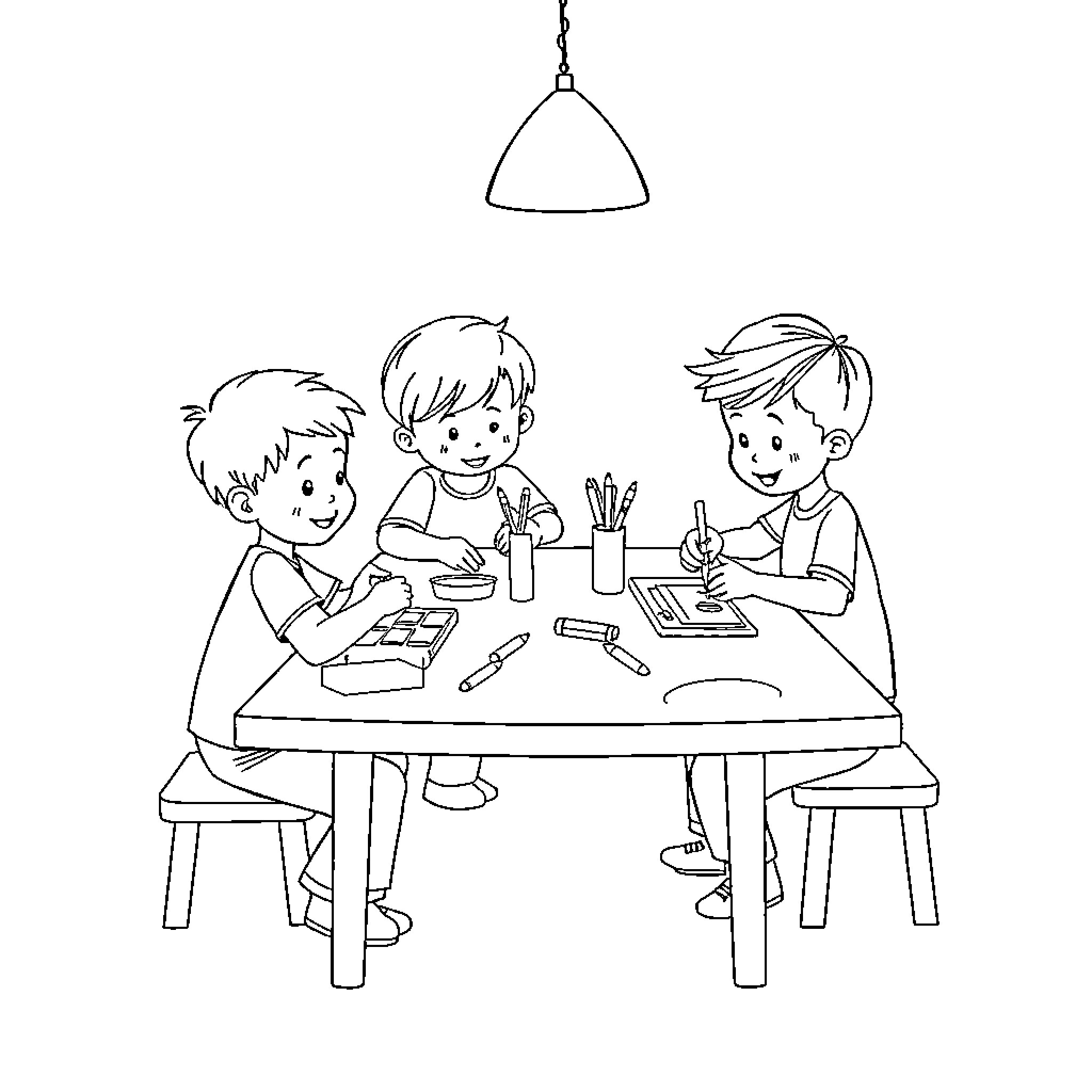 Niños dibujando y creando juntos Coloring Page (free black-and-white line drawing printable PDF for all, from beginners to advanced learners, including children, teens, adults, and seniors)
