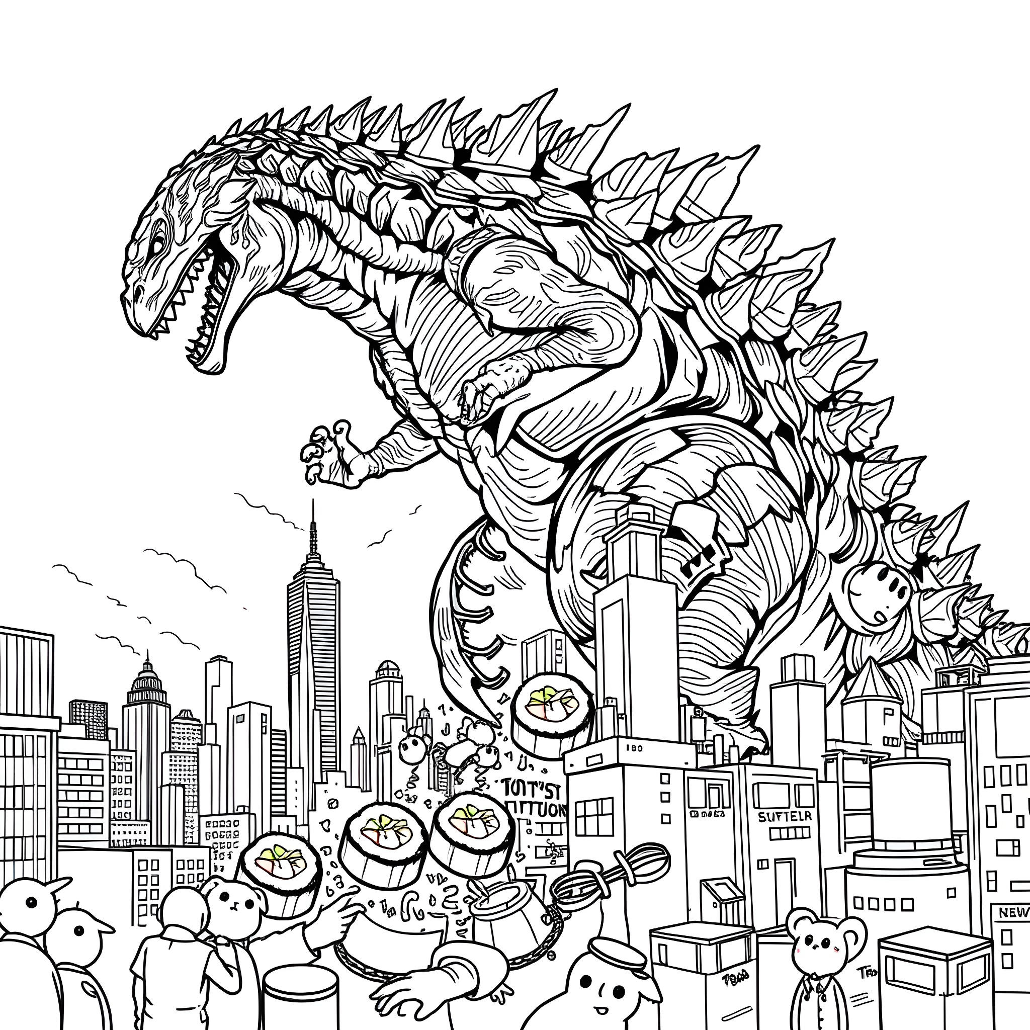 Godzilla Rampages Through the City Coloring Page (free black-and-white line drawing printable PDF for all, from beginners to advanced learners, including children, teens, adults, and seniors)