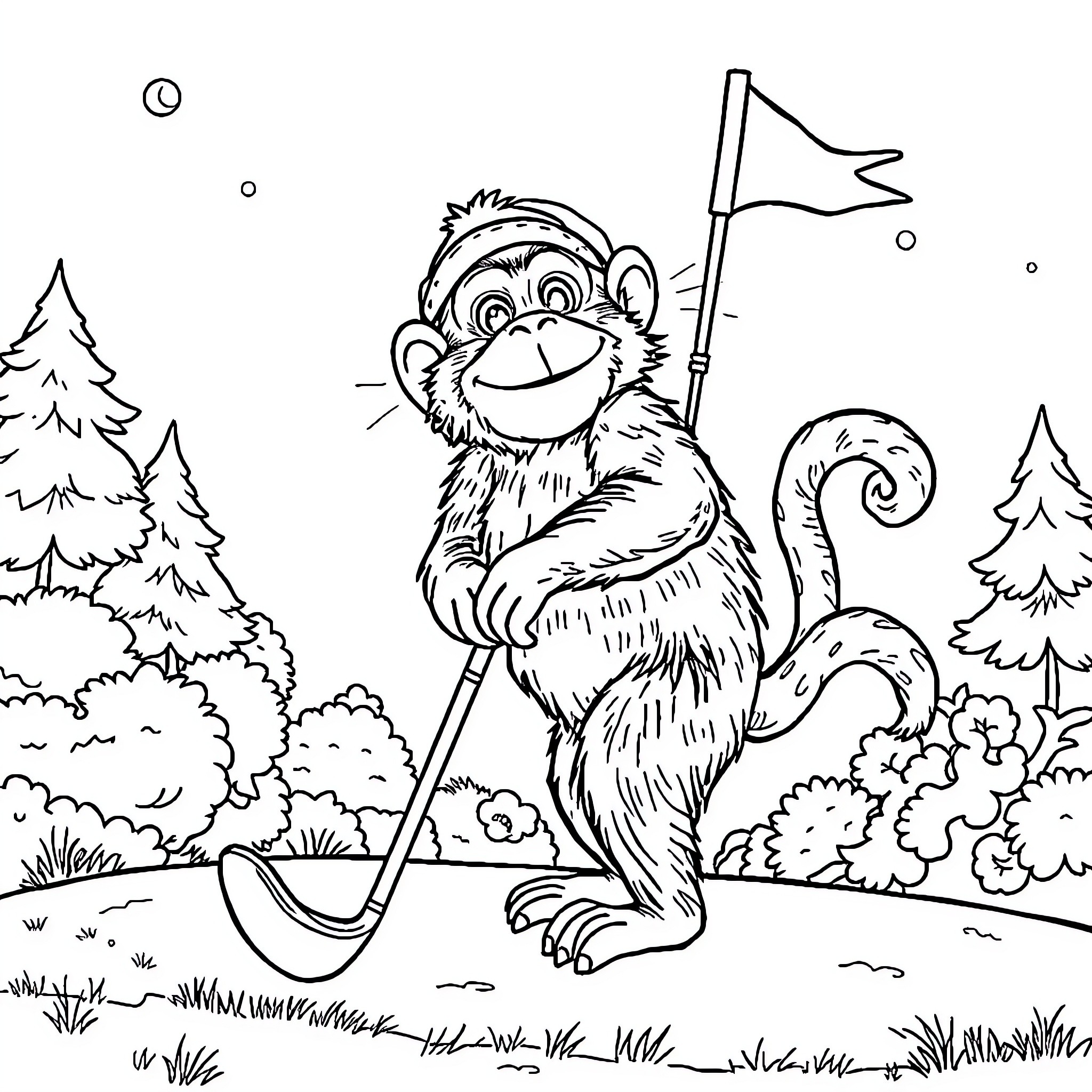 Monkey Holding a Flag in the Wilderness Coloring Page (free black-and-white line drawing printable PDF for all, from beginners to advanced learners, including children, teens, adults, and seniors)
