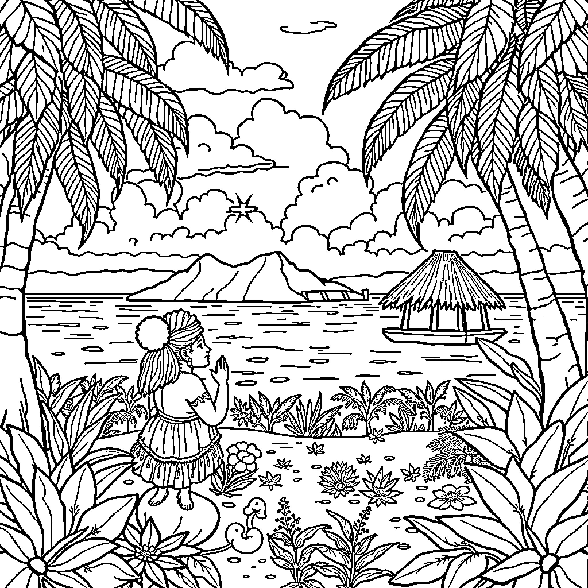 Guam tropical beach scene with palm trees and hut Coloring Page (free black-and-white line drawing printable PDF for all, from beginners to advanced learners, including children, teens, adults, and seniors)