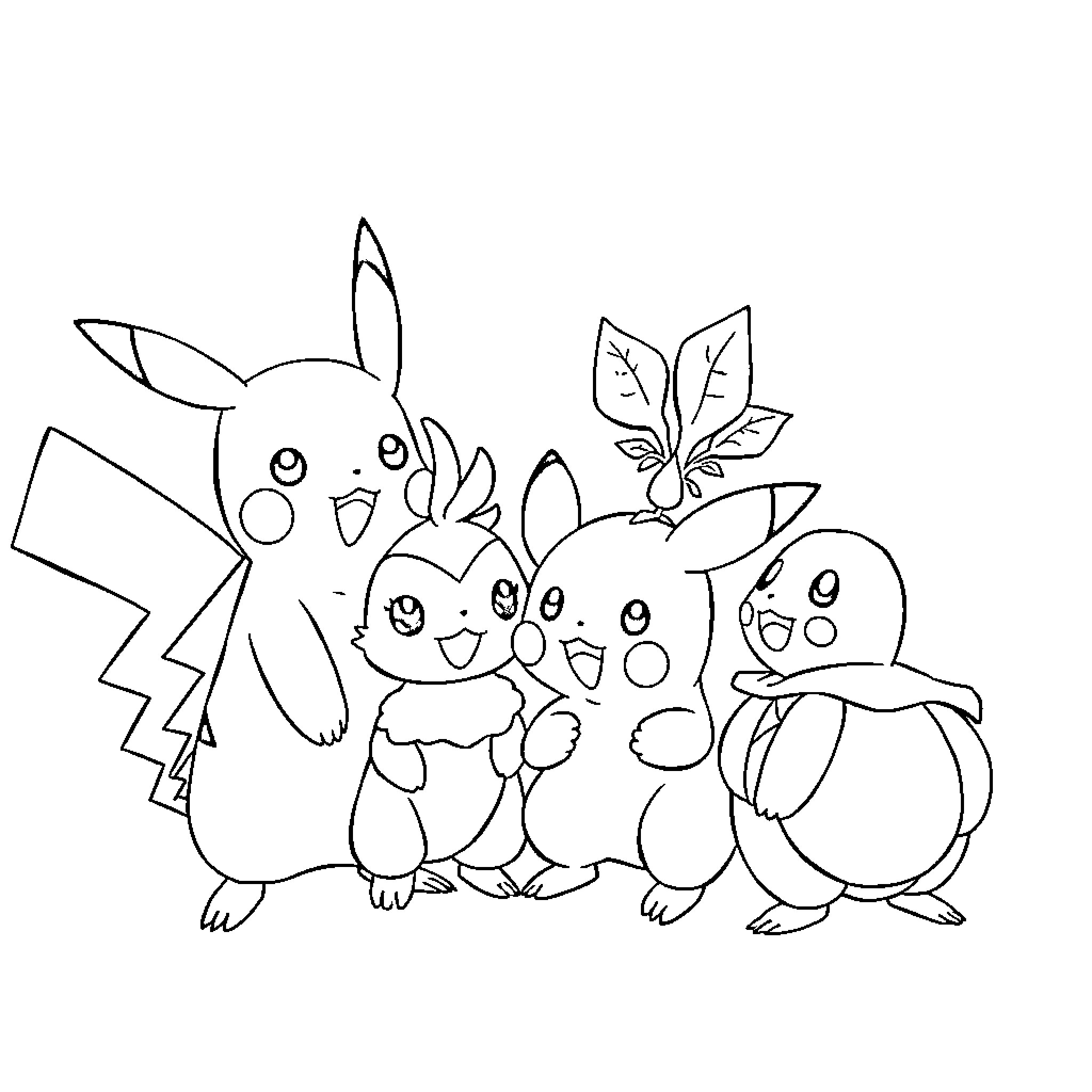 Pokémon characters in a group pose Coloring Page (free black-and-white line drawing printable PDF for all, from beginners to advanced learners, including children, teens, adults, and seniors)