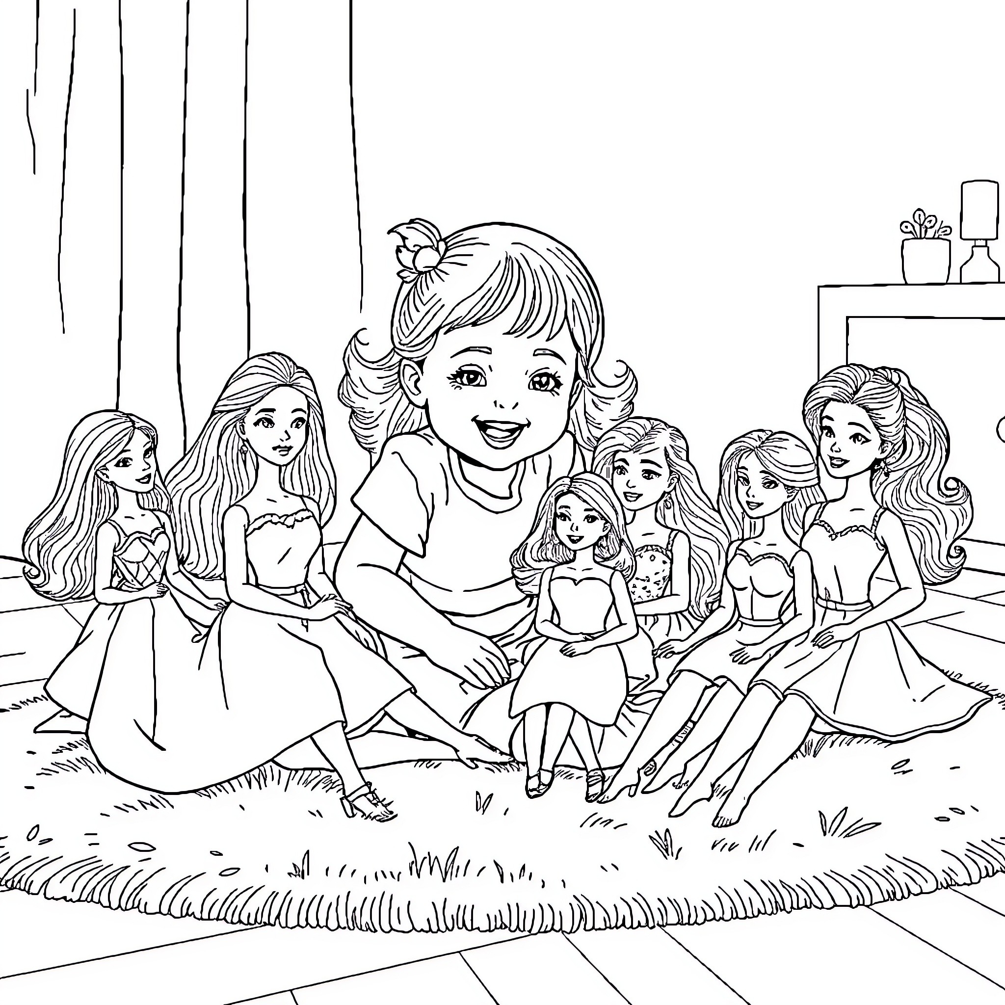Girl with her dolls in a cozy indoor setting Coloring Page (free black-and-white line drawing printable PDF for all, from beginners to advanced learners, including children, teens, adults, and seniors)