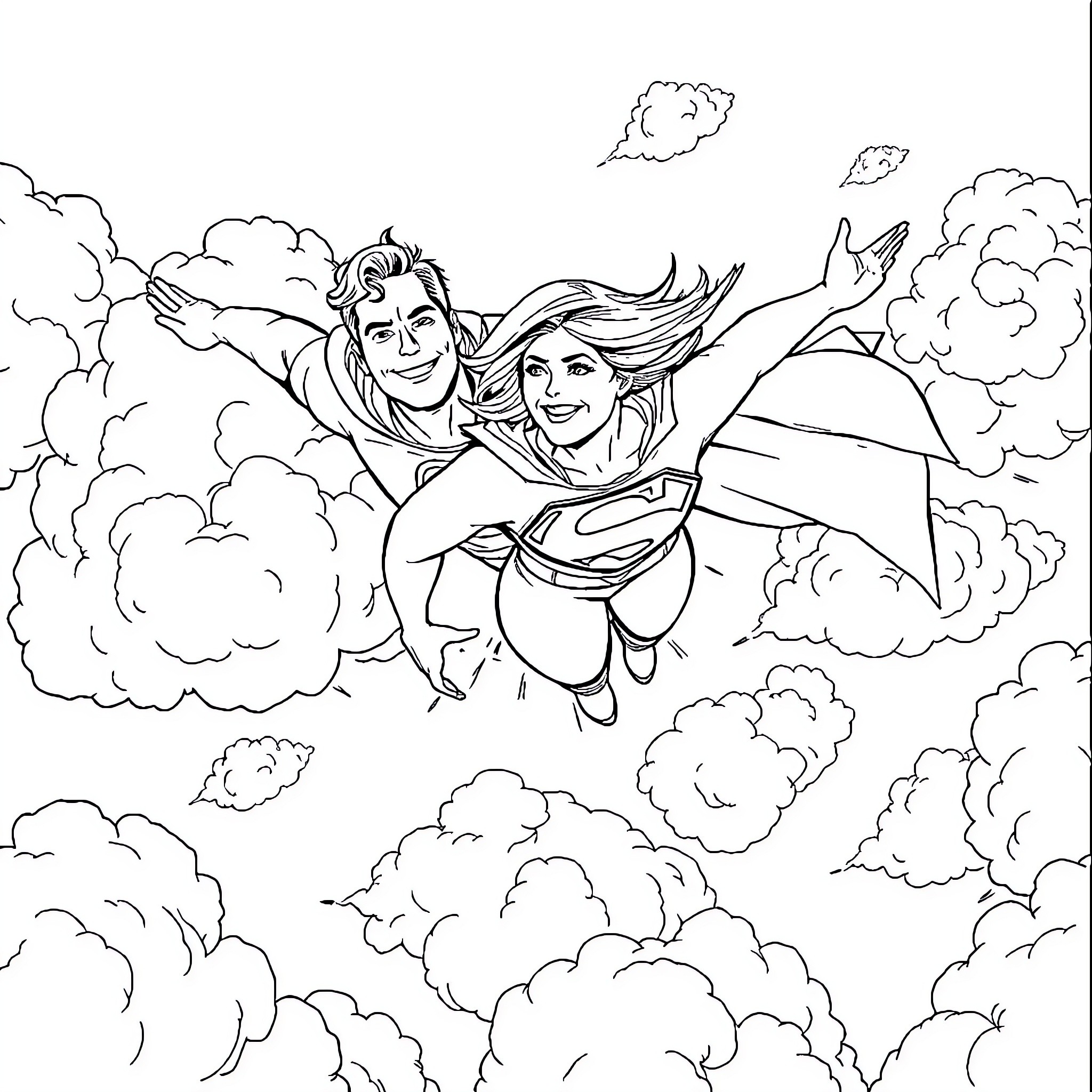 Superman and Superwoman soaring through the clouds Coloring Page (free black-and-white line drawing printable PDF for all, from beginners to advanced learners, including children, teens, adults, and seniors)