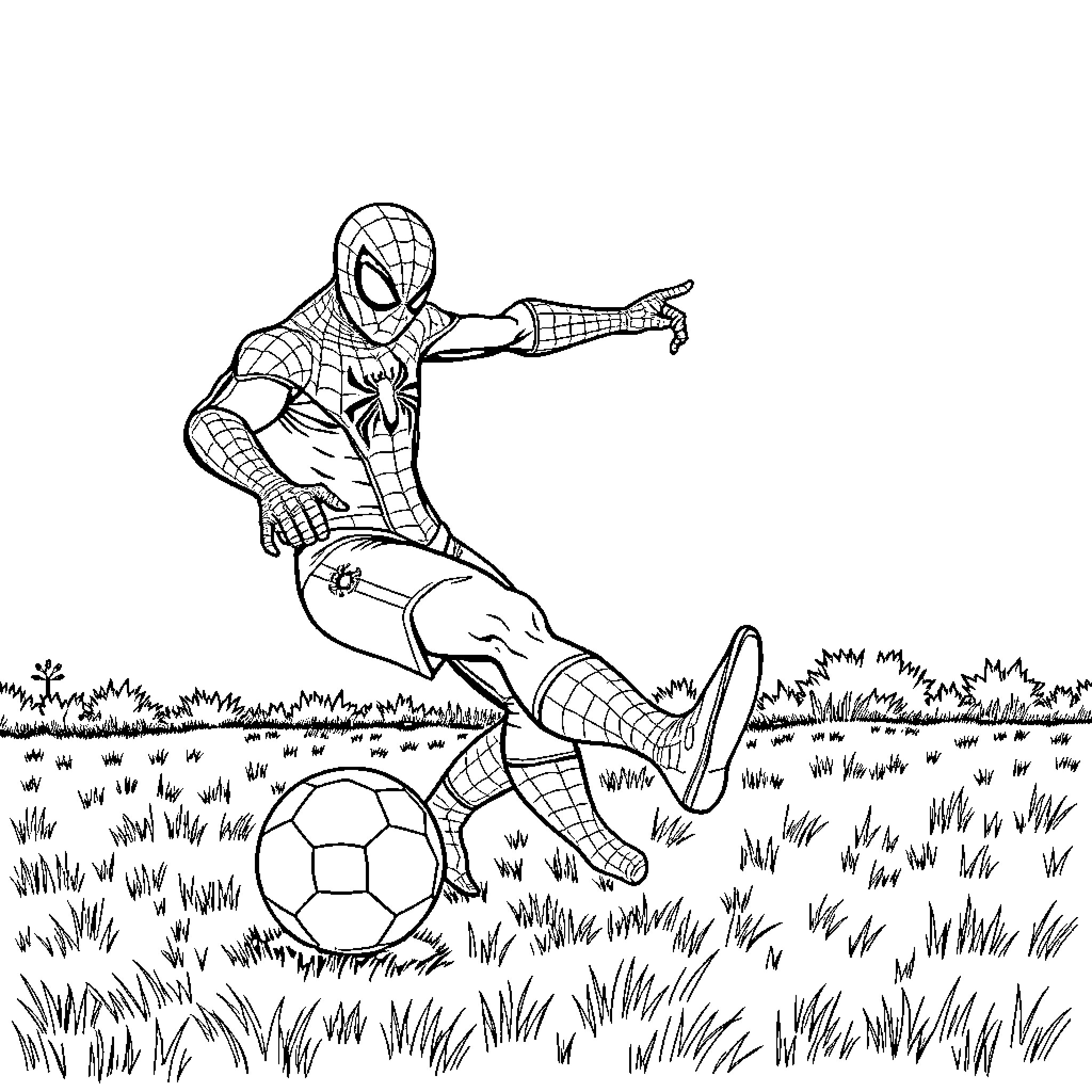 Spider-Man playing soccer in a grassy field Coloring Page (free black-and-white line drawing printable PDF for all, from beginners to advanced learners, including children, teens, adults, and seniors)