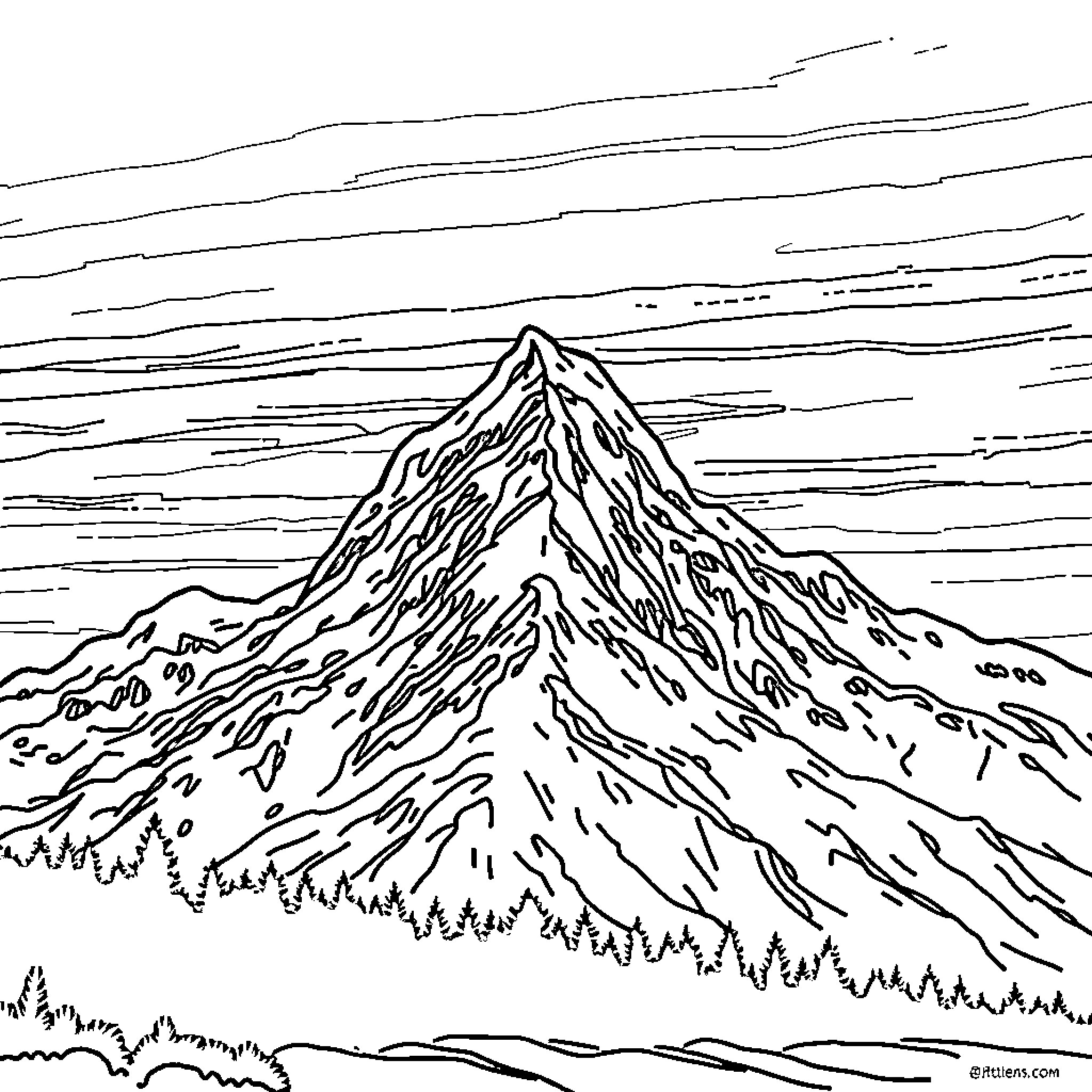 Pioneer Peak: Majestic Mountain Landscape Coloring Page (free black-and-white line drawing printable PDF for all, from beginners to advanced learners, including children, teens, adults, and seniors)