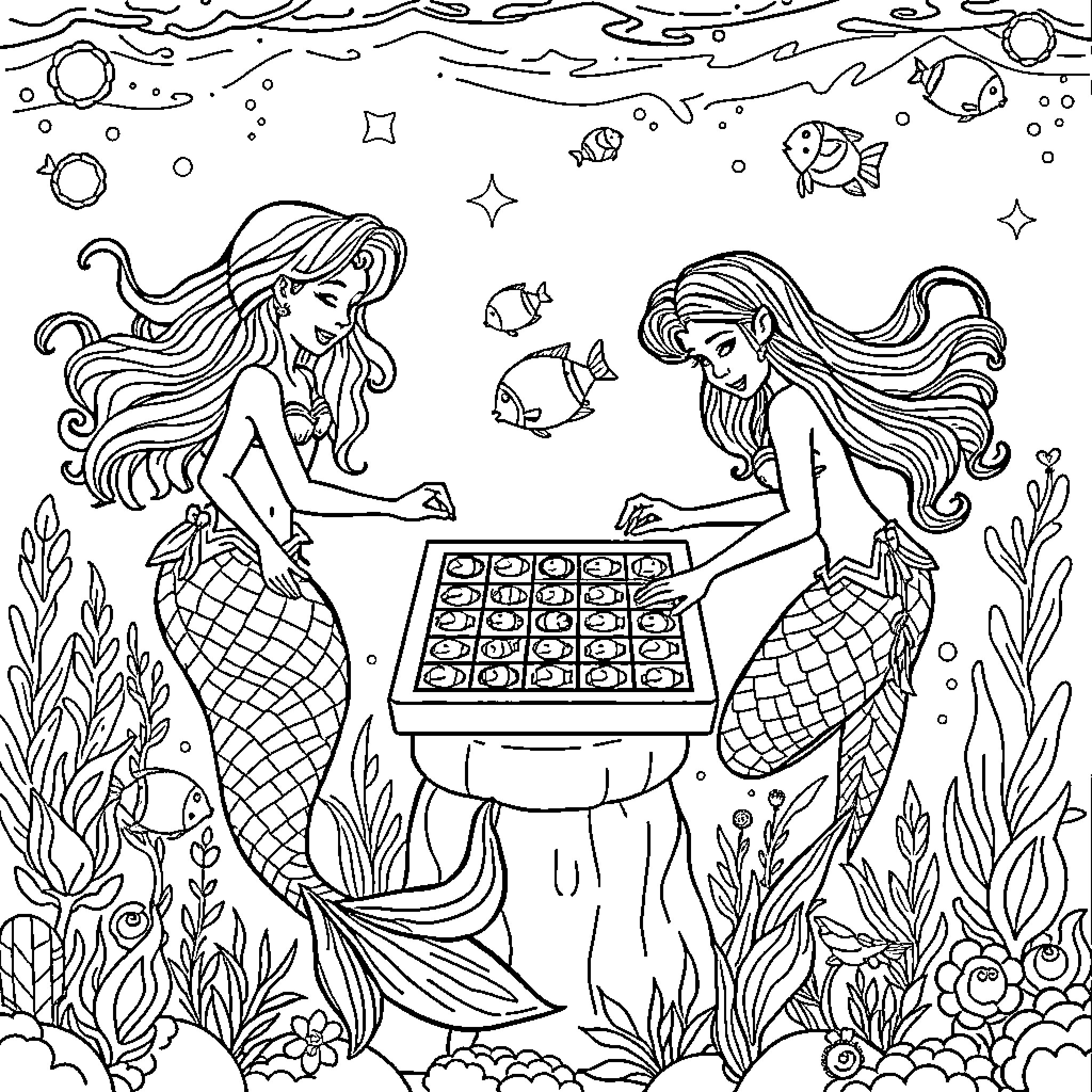 Mermaid friends playing a game underwater Coloring Page (free black-and-white line drawing printable PDF for all, from beginners to advanced learners, including children, teens, adults, and seniors)