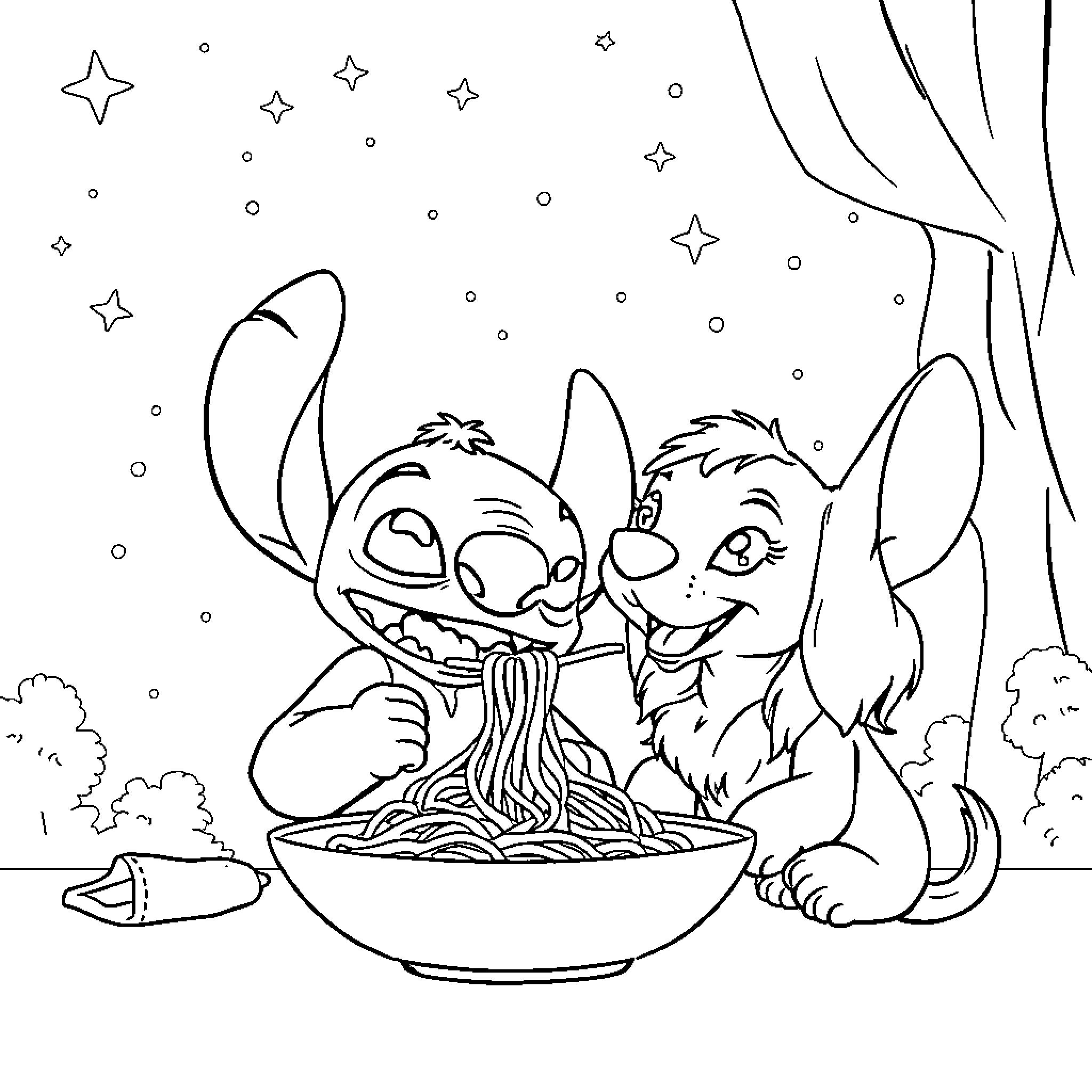 Stitch and friend eating noodles under the starry night Coloring Page (free black-and-white line drawing printable PDF for all, from beginners to advanced learners, including children, teens, adults, and seniors)