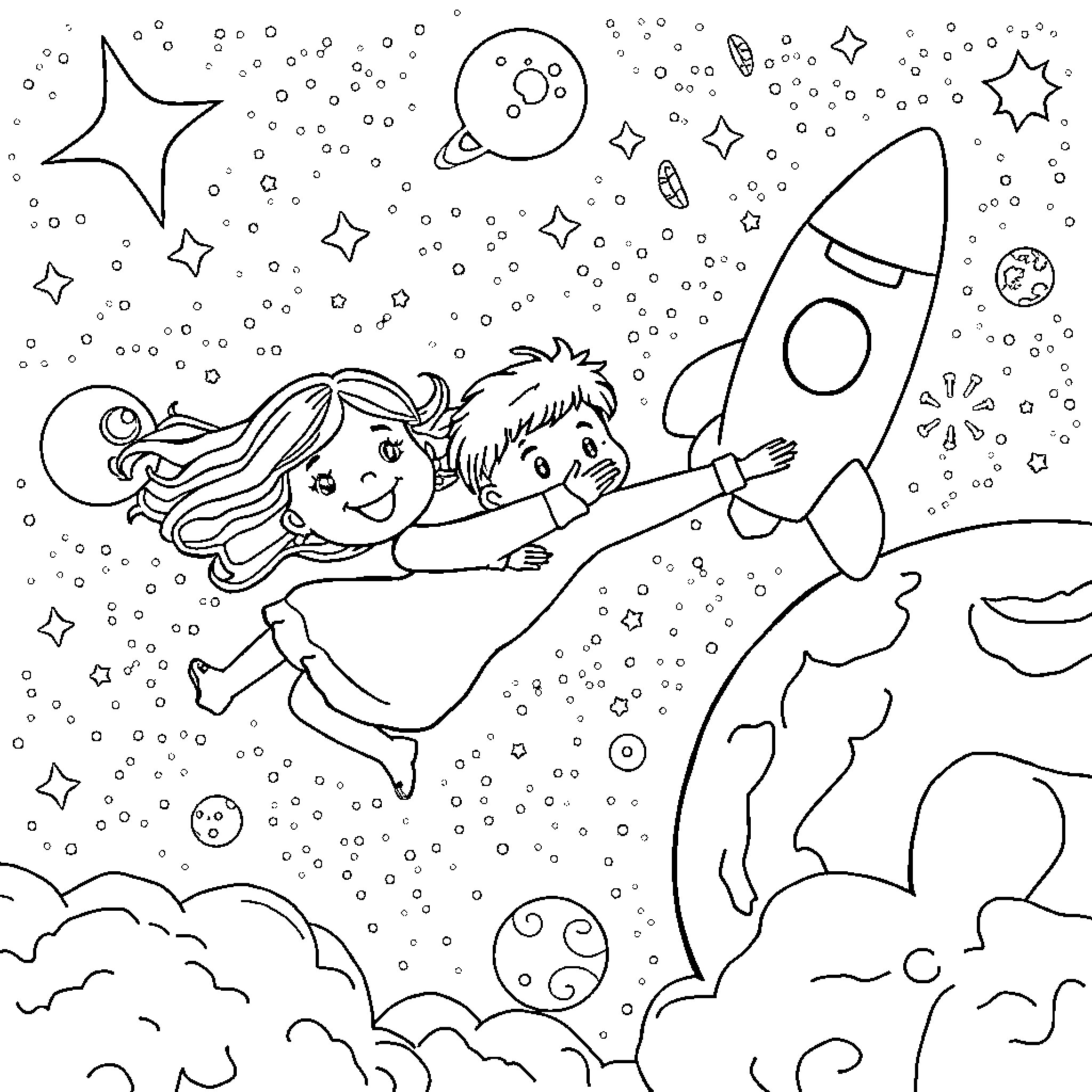 Child exploring outer space with rocket ship Coloring Page (free black-and-white line drawing printable PDF for all, from beginners to advanced learners, including children, teens, adults, and seniors)